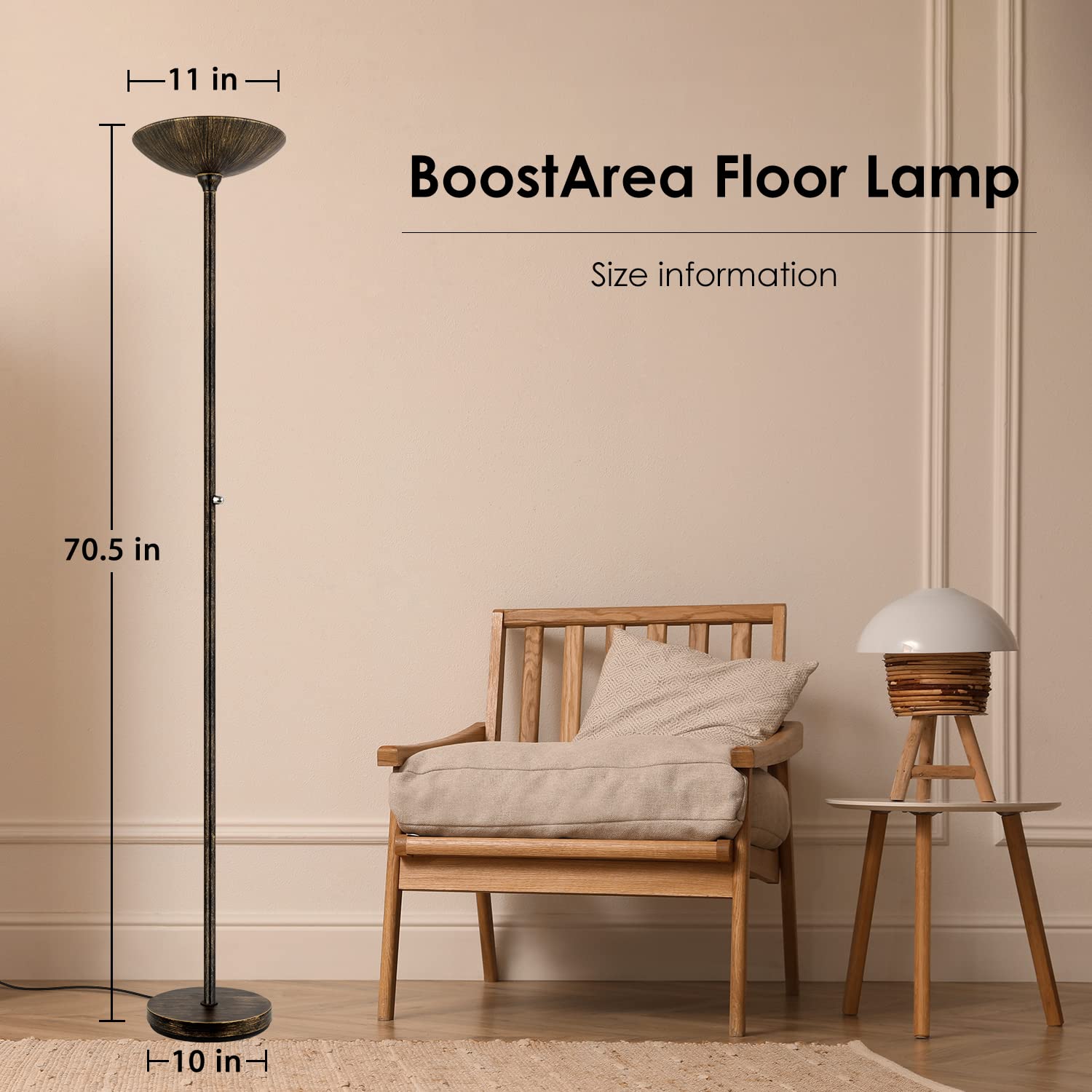 BoostArea Torchiere Floor Lamp, 24W LED, Dimmable, 70 Inch Tall, Antique Bronze, Model B0303