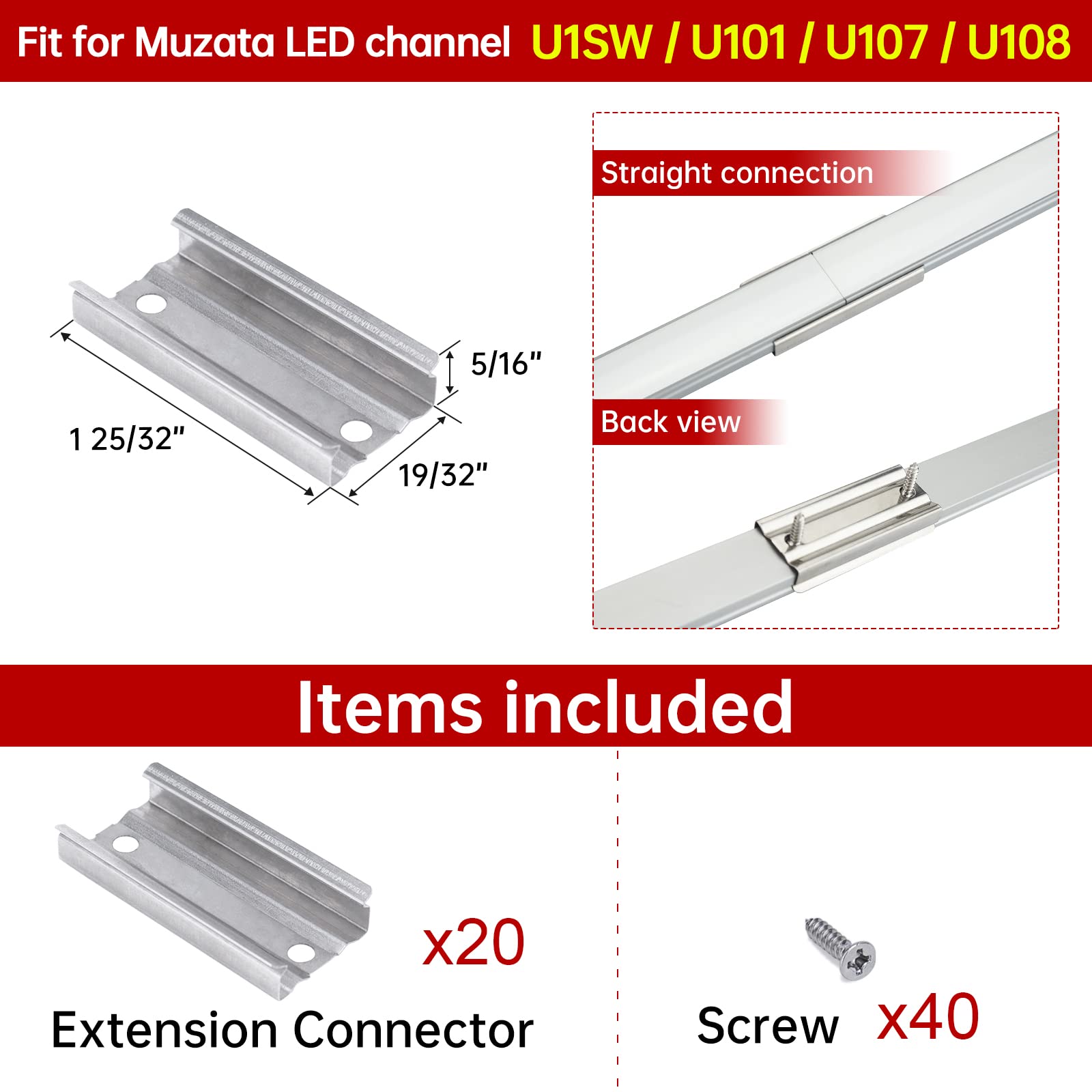 Muzata 20-Pack Extension Connectors for 17MM U-Shape LED Channels, Model LCB1, Metal Finish