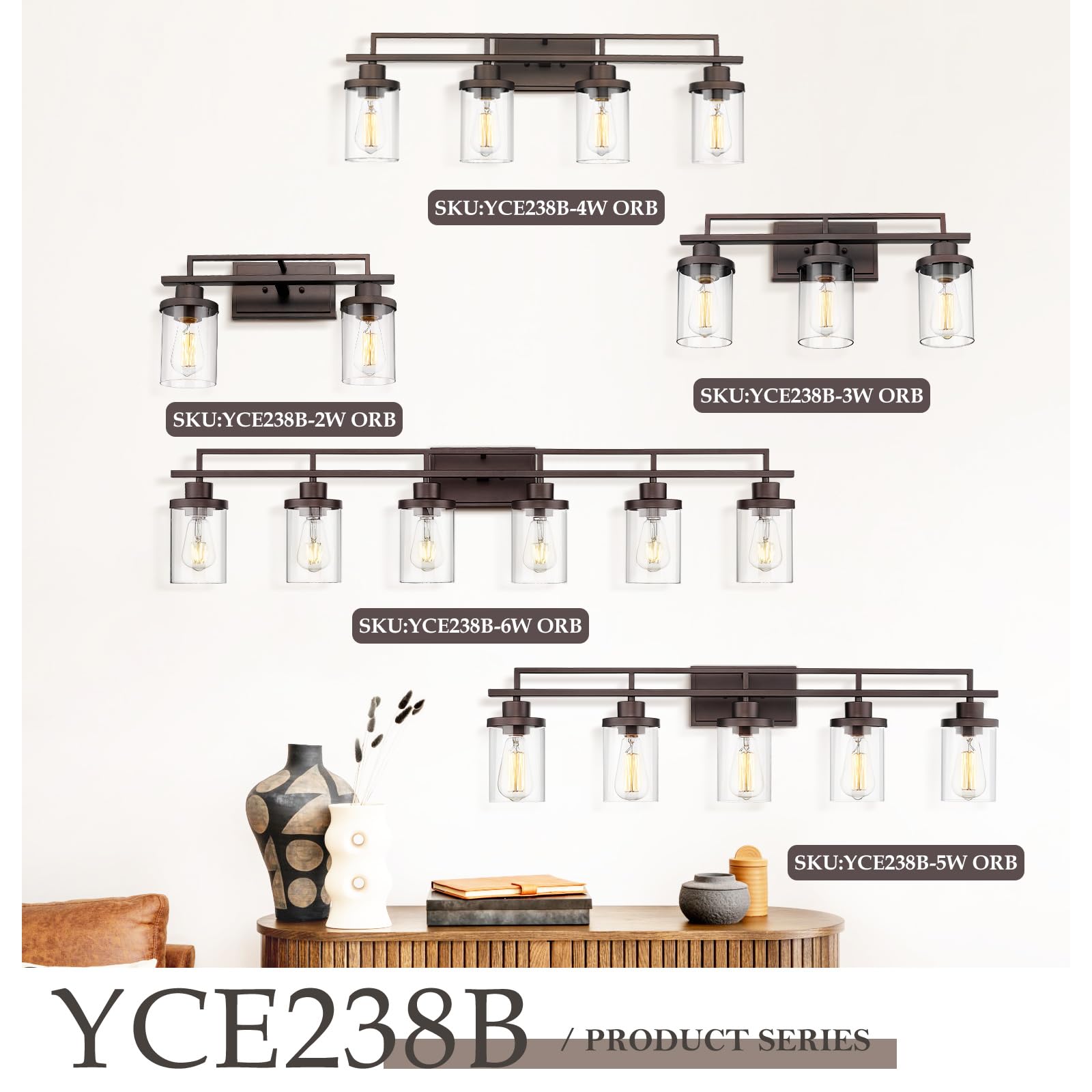 Emliviar 3-Light Vanity Light - Farmhouse Oil Rubbed Bronze Fixture with Clear Glass, Model YCE238B-3W ORB
