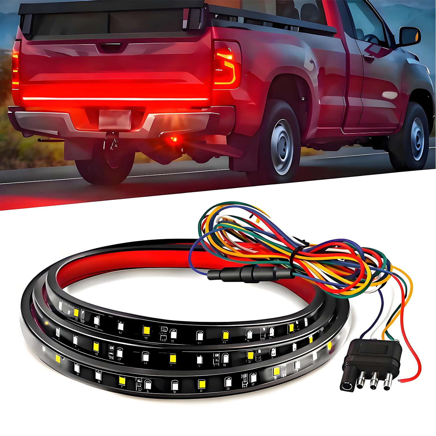 Qasim 48/49inch LED Truck Tailgate Light Band 5 Function Red/White for Tail Running Brake Light Turn Signal Emergency Warning Reverse Light for Pickup SUV Trailer Cargo