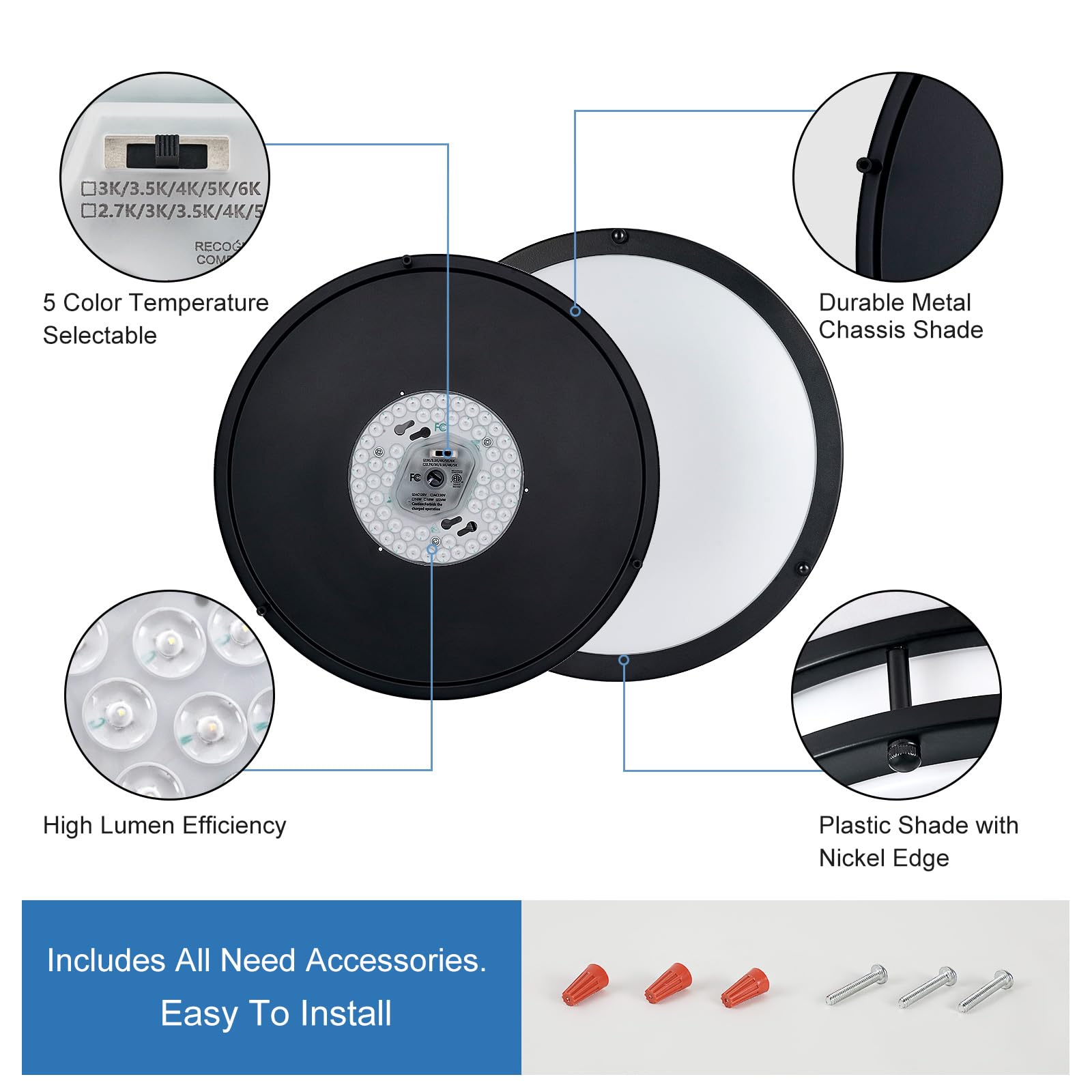 Dllt Flush Mount Led Ceiling Light: 13 Inch 5Cct (3000K-6000K) & Dimmable Ceiling Light Fixtures For Bedroom Hallway - 24W Modern Black Super Bright Kitchen Lighting Fixtures Ceiling