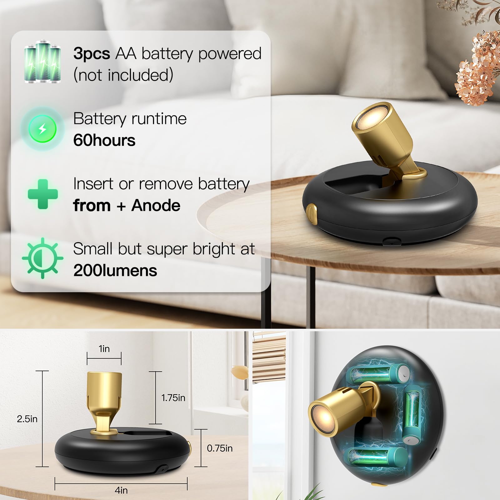 3Pack Battery Operated Indoor Plants Spotlight ,Tree Light Picture Light With Remote,Dimmable Mini Led Accent Spotlight For Pain