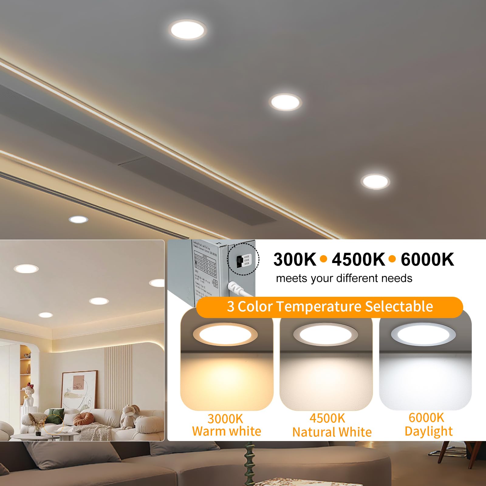LZHOME 8 Inch Recessed LED Light - 18 Packs, Ultra Thin, Dimmable, 3000K/4500K/6000K, Aluminum, High Brightness
