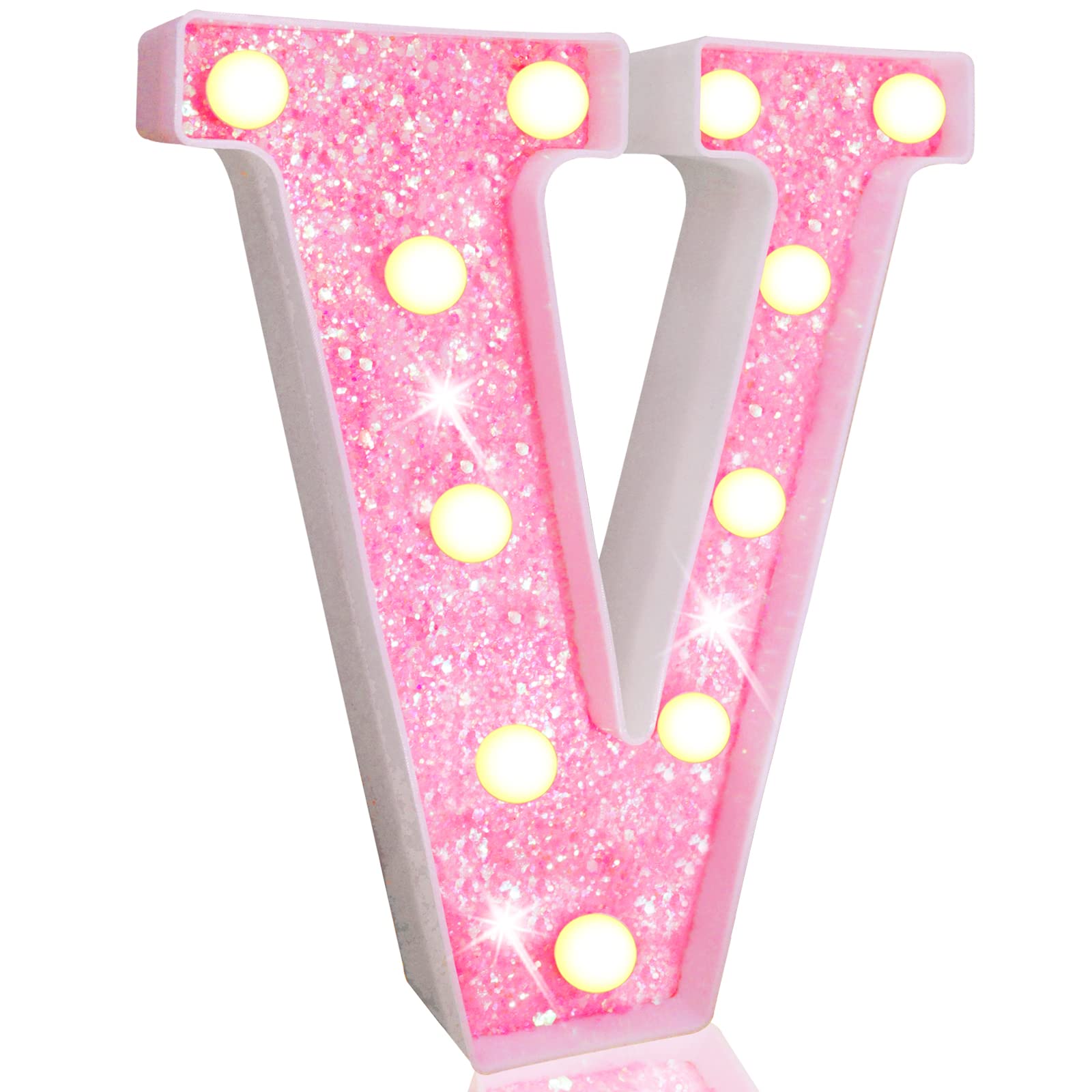 Pooqla LED Marquee Letter Light, Pink Glitter Alphabet Sign, Battery Powered for Party and Home Decoration, Sequin Pink, Letter V