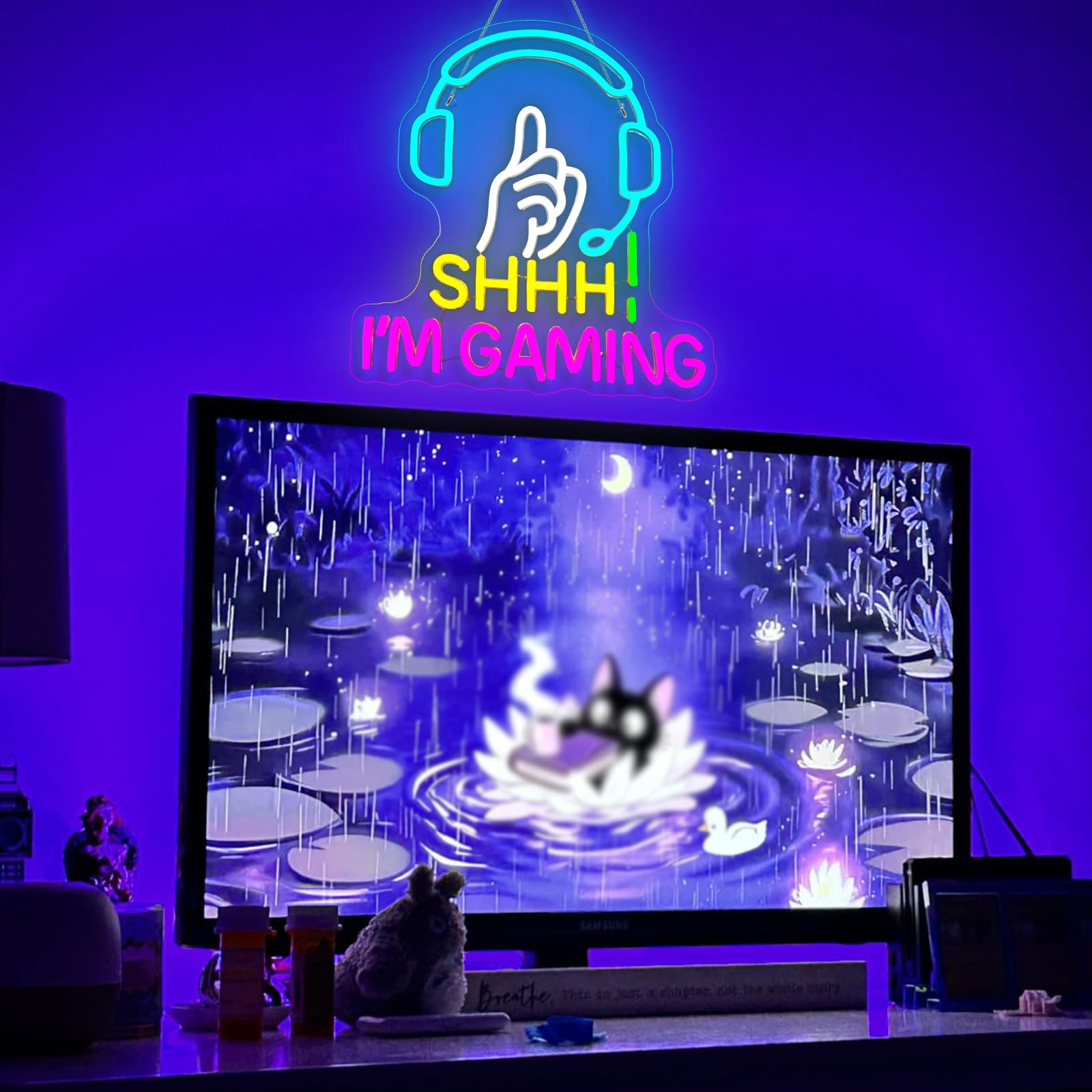 Wanxing Gaming Neon Sign Blue Headset Hand Gesture USB Powered Dimmable Wall Decor, Pink Color, Ideal for Game Room, Bedroom, Man Cave