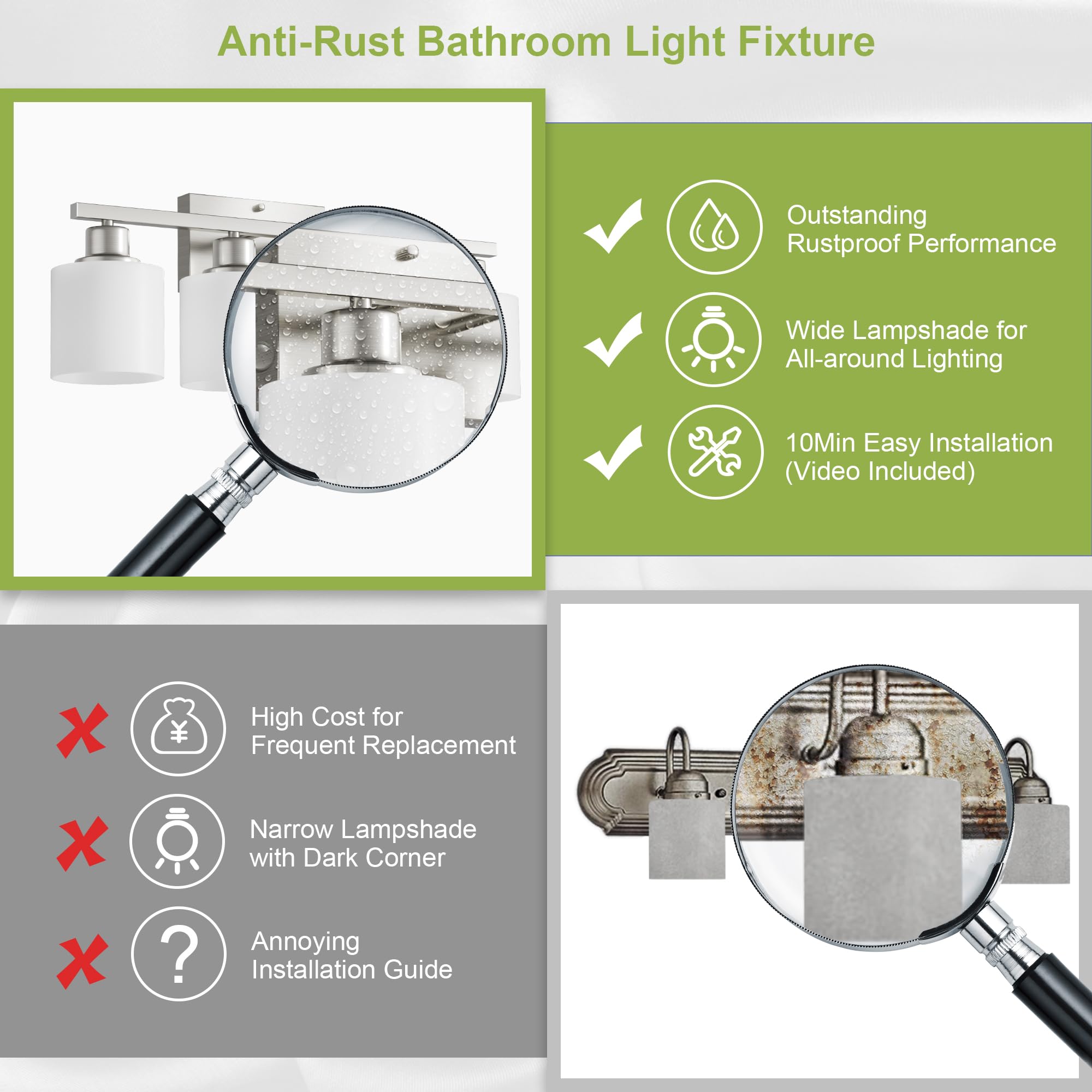 Dekang 4-Light Bathroom Vanity Light, Brushed Nickel, Modern Wall Sconces With Milky Glass Shades