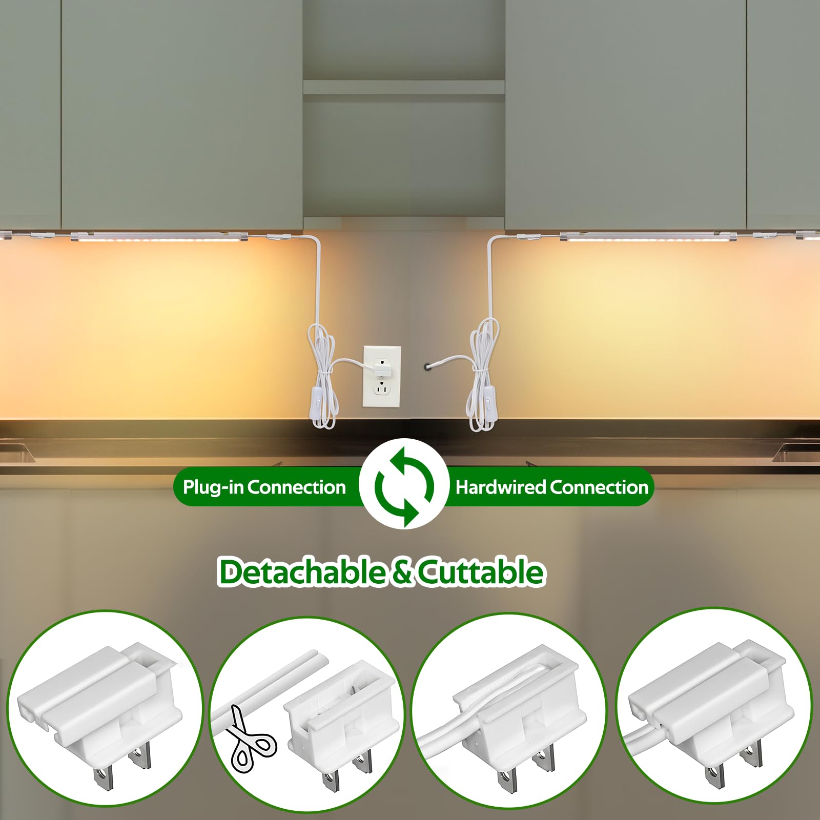 AIBOO Dimmable Under Cabinet Lighting, 12in LED Bar Lights, Warm White 3000K, Aluminum, Model ABUS-120V, Plug-in & Hardwired, 6
