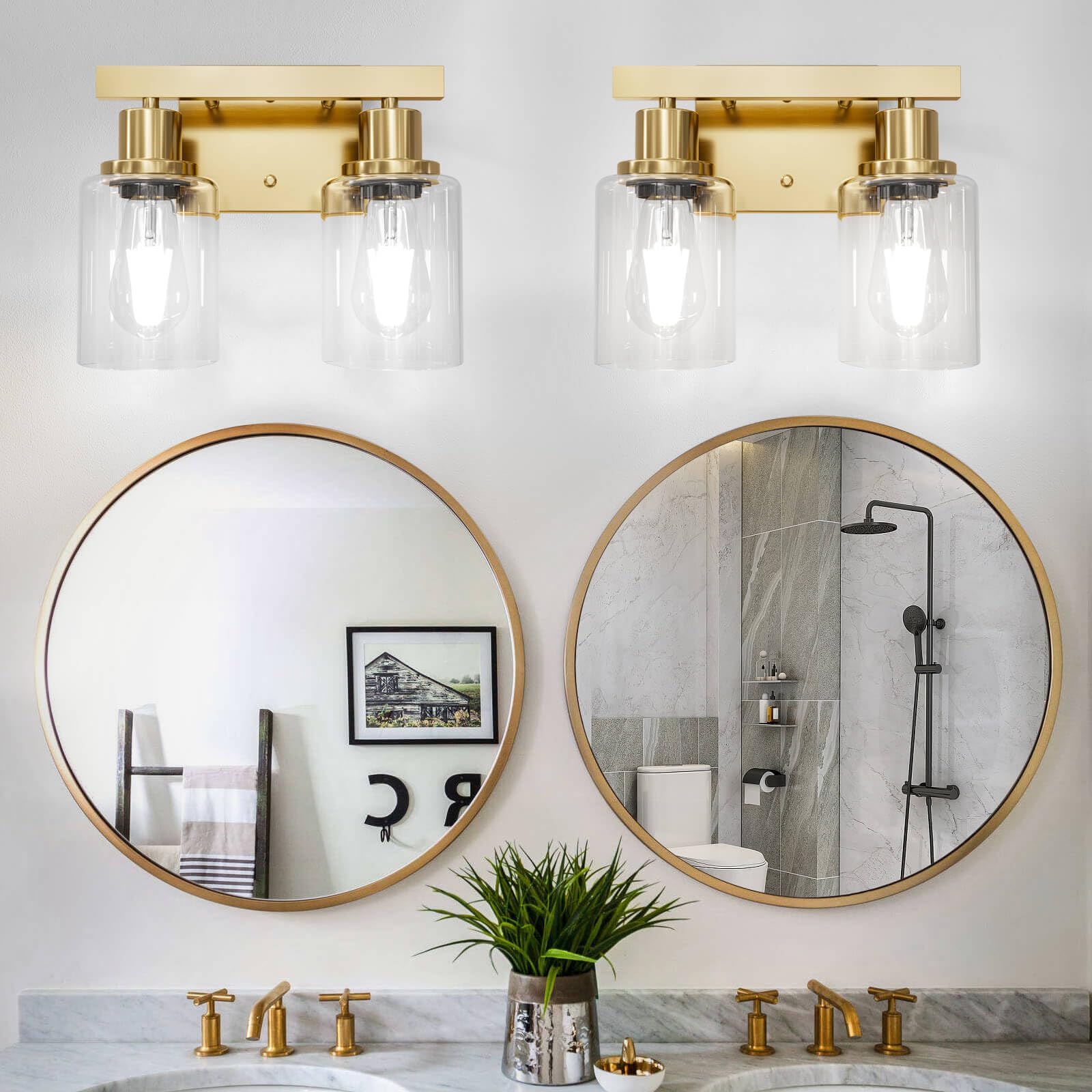 DIKAIDA 2-Light Vanity Lights, Brushed Gold Metal Bath Fixture with Clear Glass Shade, Model JS-2