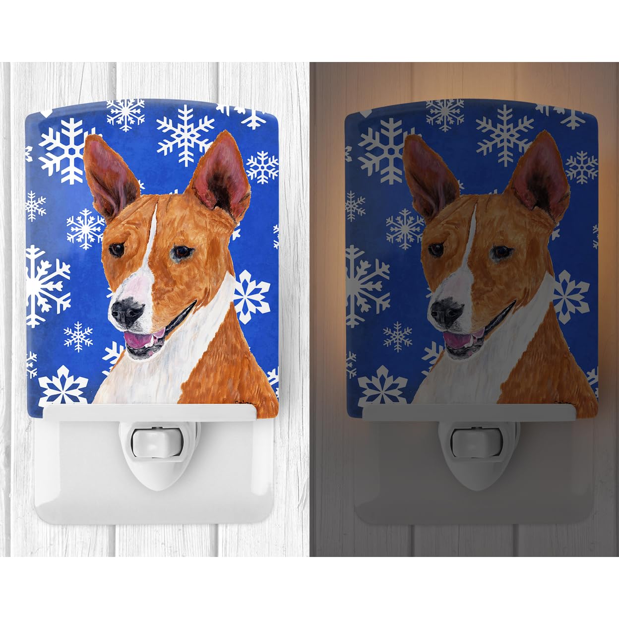 Caroline'S Treasures Sc9387Cnl Basenji Winter Snowflakes Holiday Ceramic Night Light Compact, Ul-Certified, Ideal For Bedroom, Bathroom, Nursery, Hallway, Kitchen, 6X4X3, Multicolor