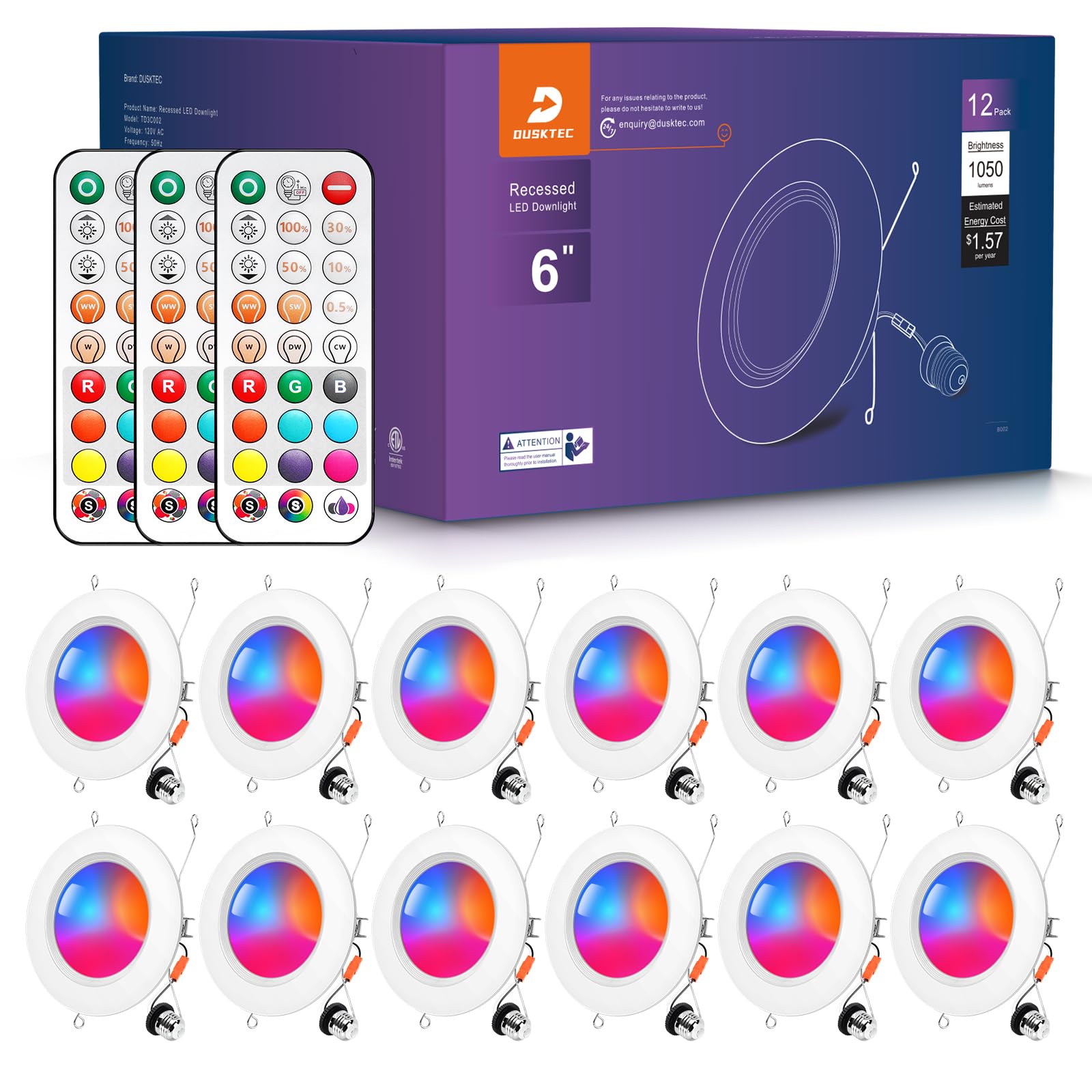 DUSKTEC 6 Inch RGBCW LED Recessed Lighting 13W Can Lights with Remote Control, 1050 Lumen, Aluminum, 12 Pack, E26