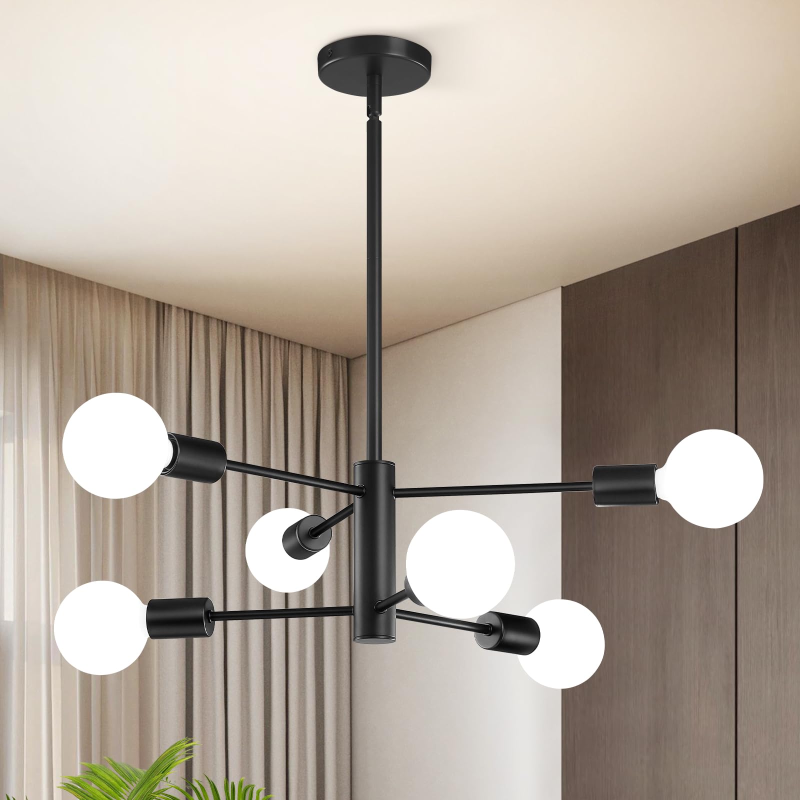 RUIYEY Modern Sputnik Chandeliers Light, 6-Light Black Chandeliers for Dining Room, Height Adjustable Ceiling Lights Farmhouse C