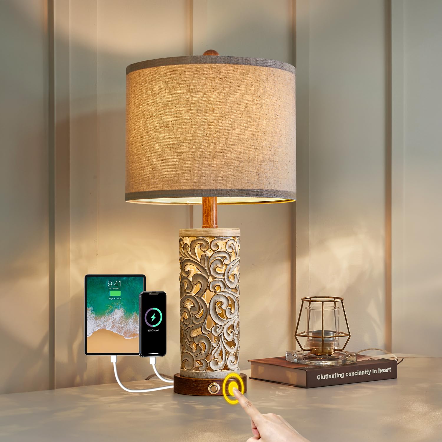 OYEARS 3-Way Dimmable 22'' USB A+C Touch Control Table Lamp with Nightlight for Living Room Bedroom Farmhouse Bedside Nightstand