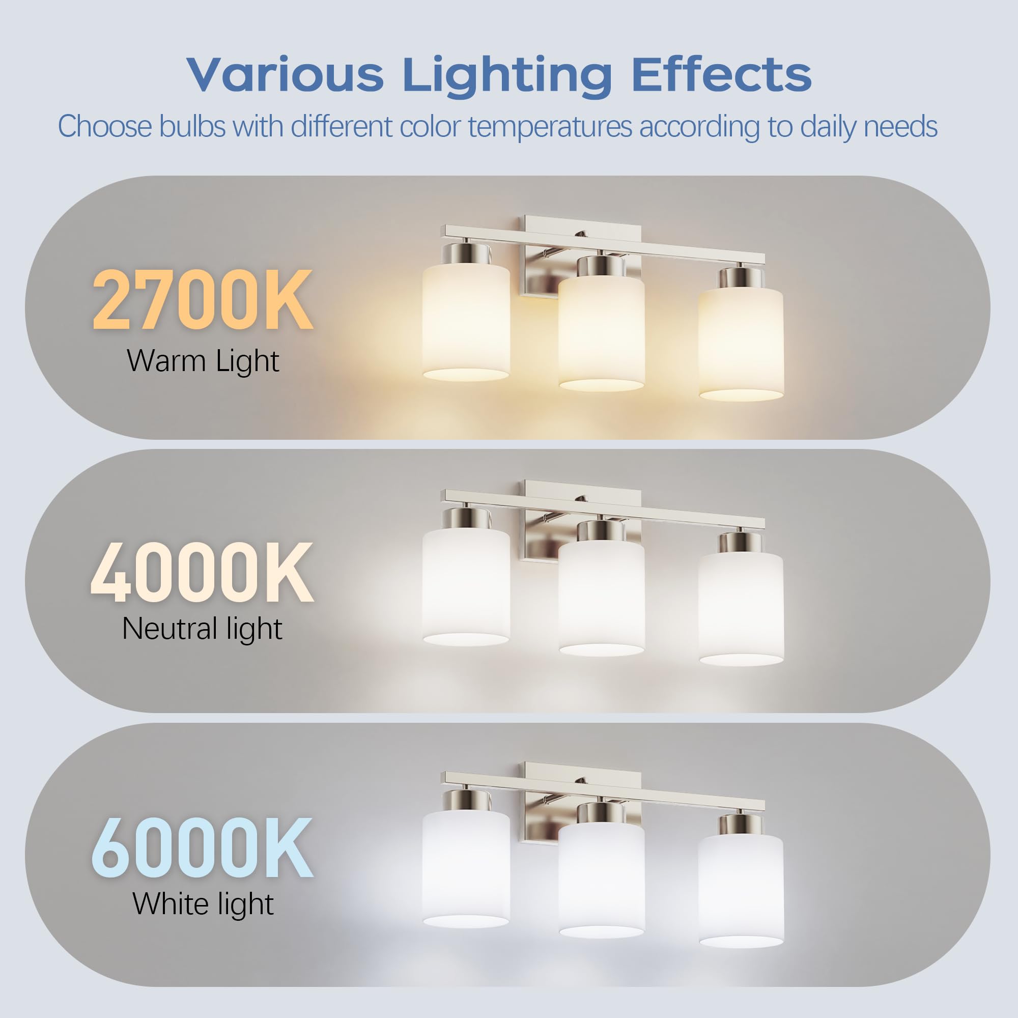 Partphoner 3-Light Brushed Nickel Bathroom Light Fixtures  Modern Vanity Light Over Mirror Lighting  Wall Sconce With Frosted Milky White Glass Shades For Bedroom Living Room Kitchen Hallway