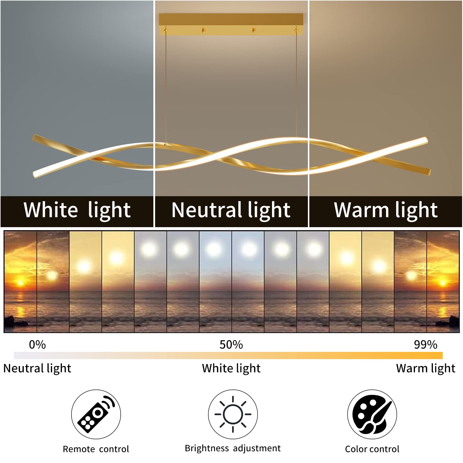 Matven Modern Ceiling Pendant Light, Dimmable 3 Color Modes, 47IN Aluminum, Gold, Model: Island Lights