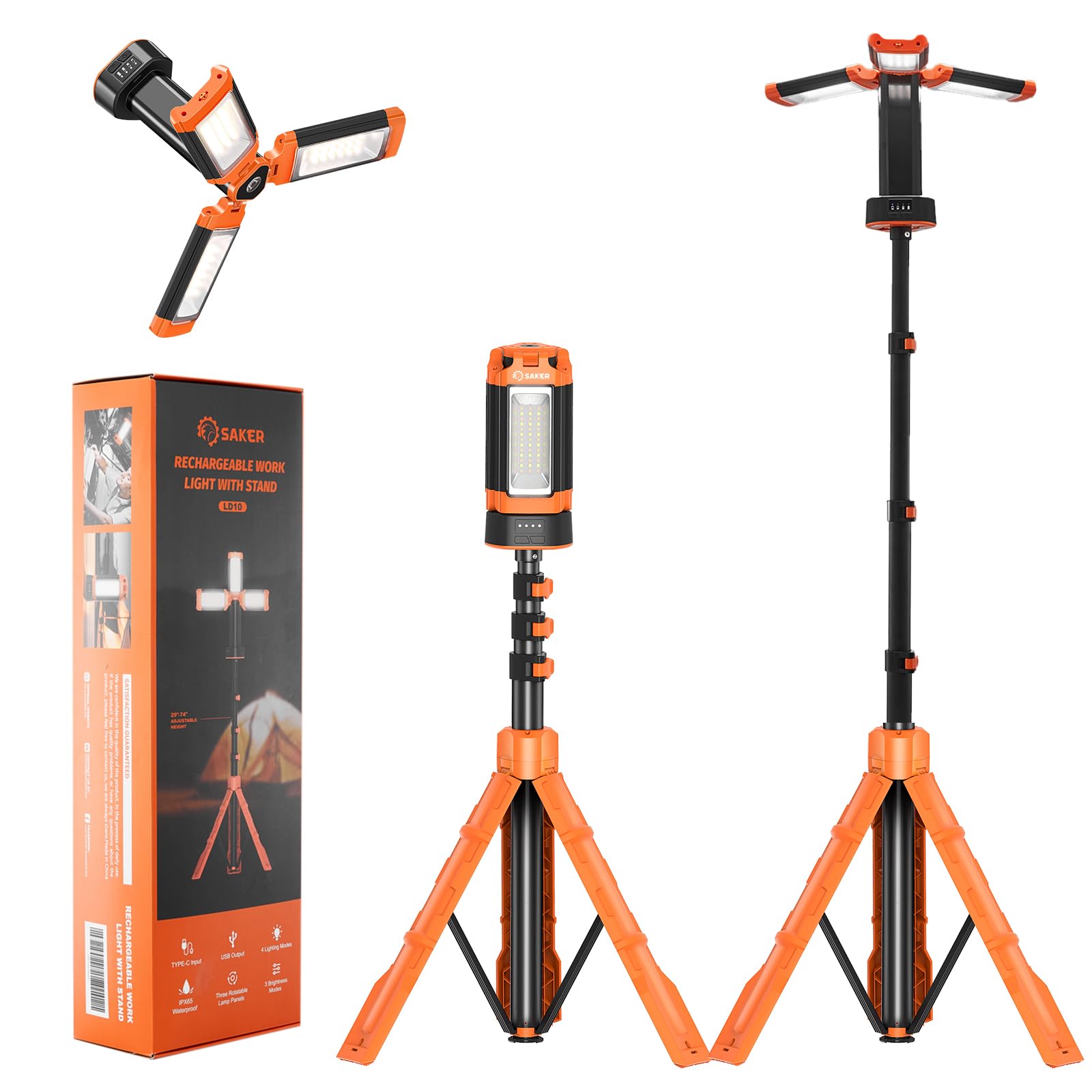 Saker Portable Camping Light LD10, 800/3200 Lumen, Rechargeable, Dimmable, 73.2in Stand, Orange