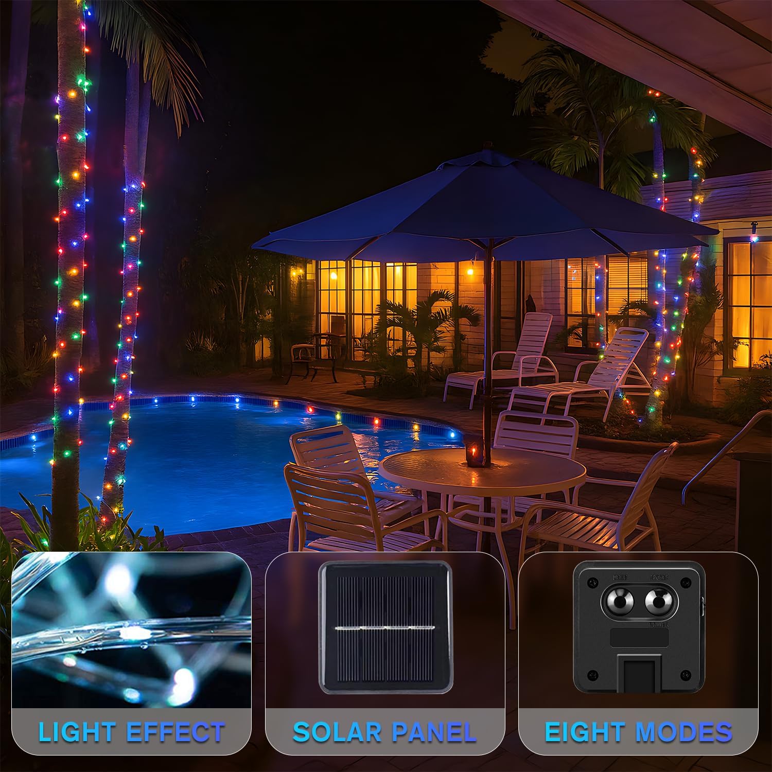 ANJAYLIA Solar Rope Lights, 33FT 100 LED Waterproof, Multicolor, 8 Modes, Plastic, Model MCQZD100