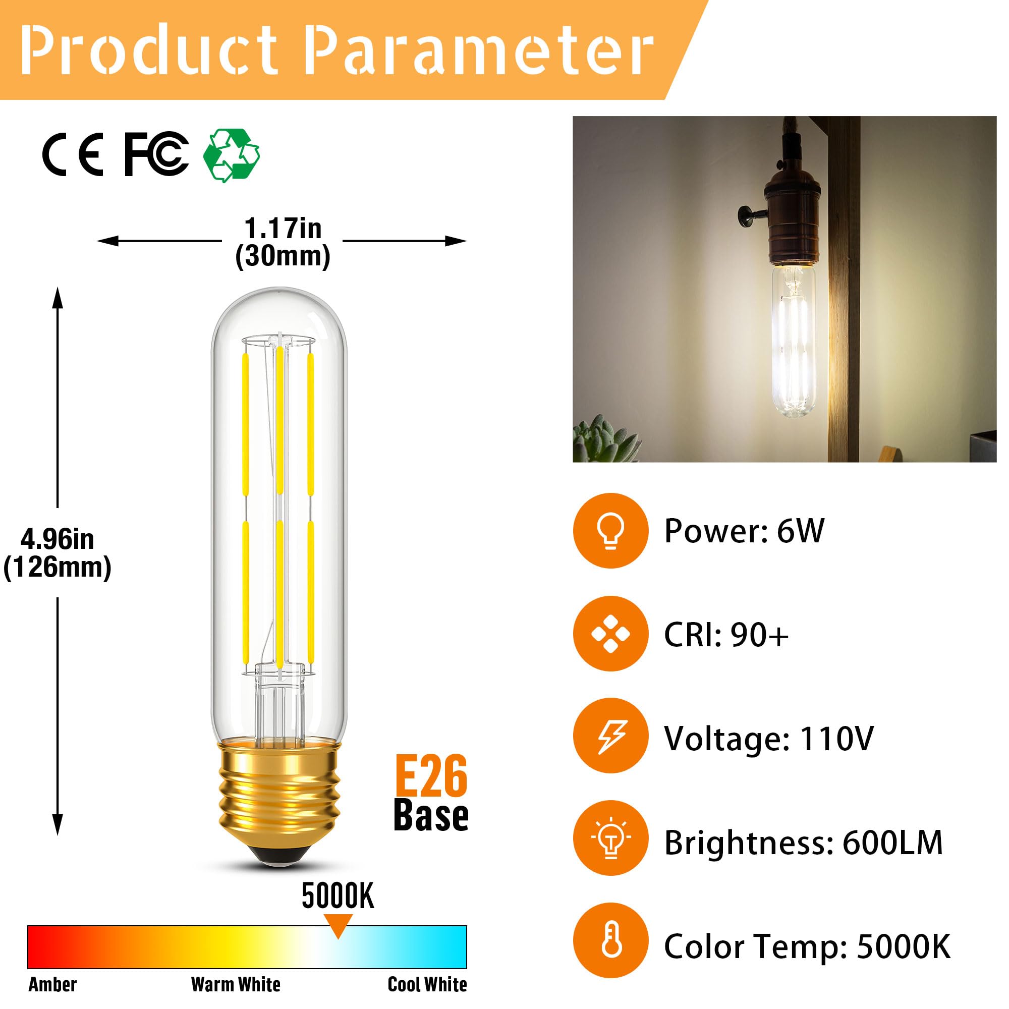 PADMO LUDAZ Dimmable E26 T10 LED Bulb 6W, Daylight 5000K, Glass, 5 Inch, 4 Pack