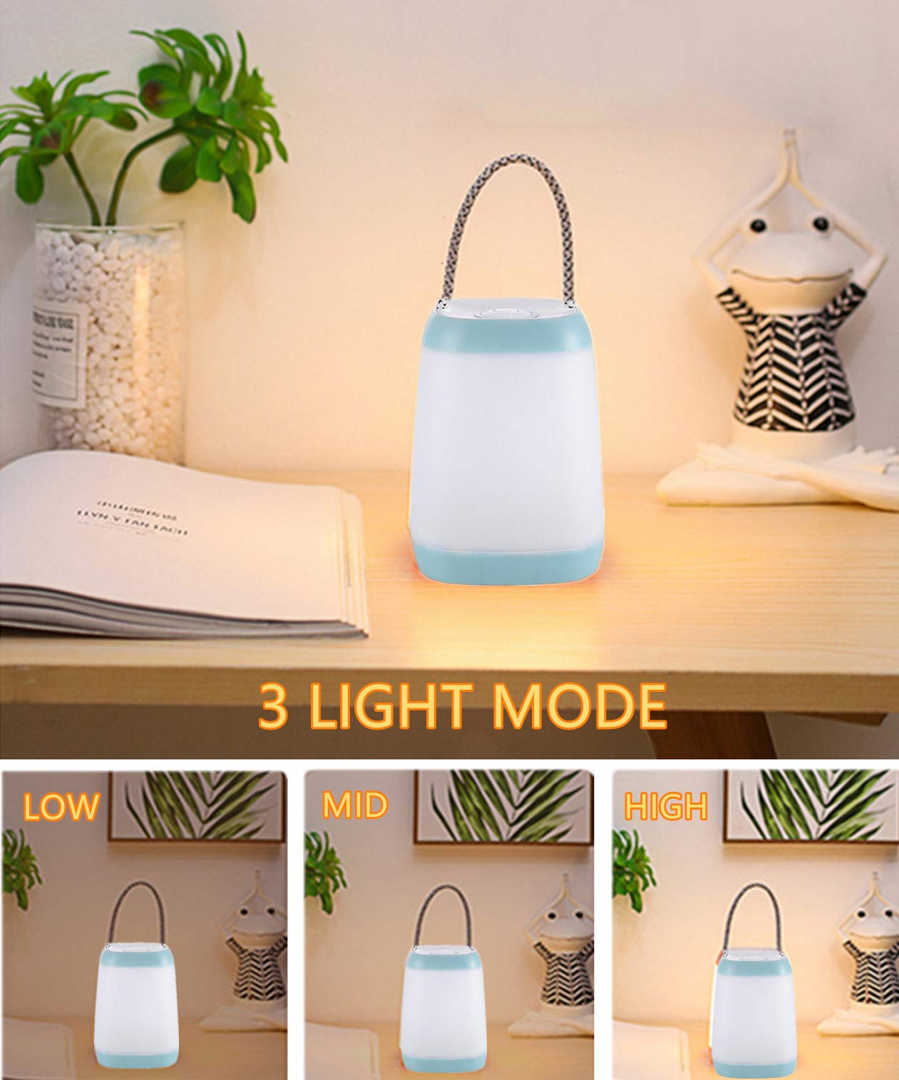 Hathdia Night Light for Kids - USB Rechargeable Portable Lamp, 3 Light Modes, Plastic, Cyan