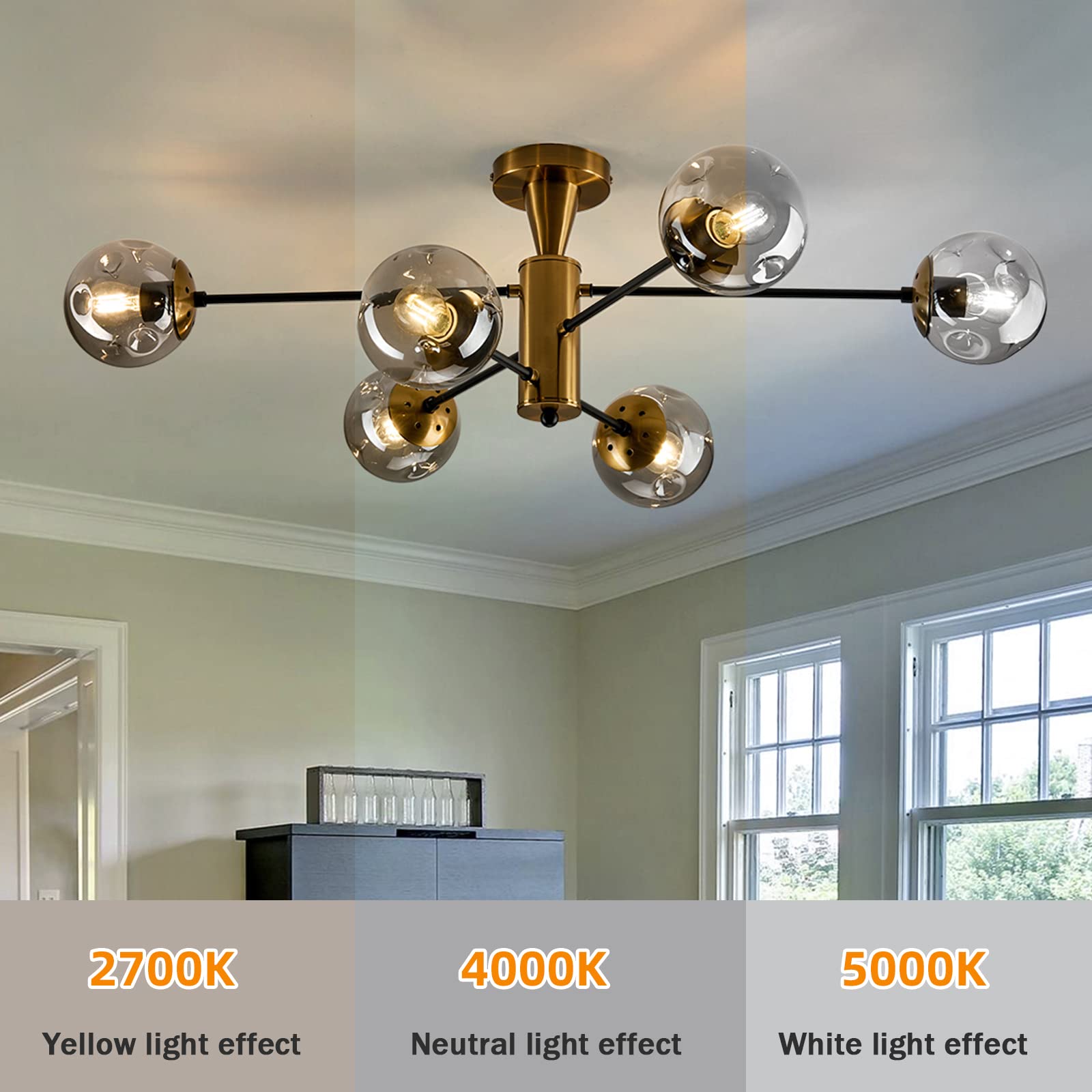 hesoge 6-Light Sputnik Gold Chandelier - Modern Semi Flush Mount Ceiling Light Fixture for Dining Room, Kitchen, Living Room