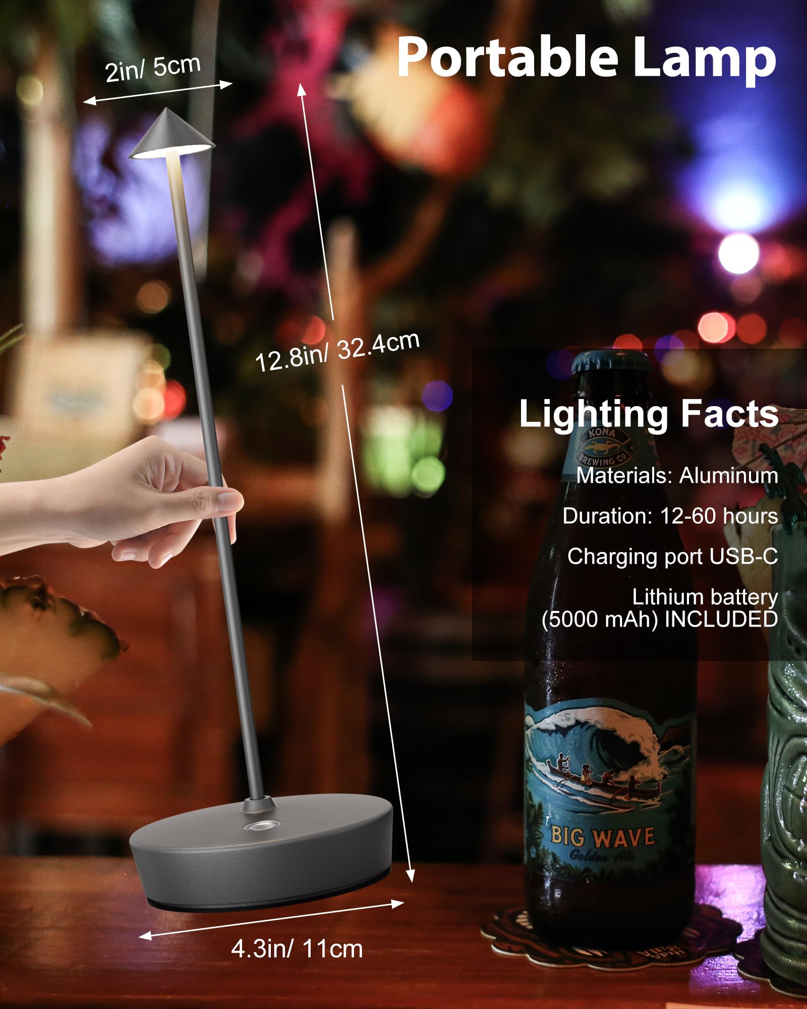 SHANGCAI Cordless Table Lamps LED, Rechargeable 6000mAh, Waterproof, Touch Dimmable, Set of 2, Grey