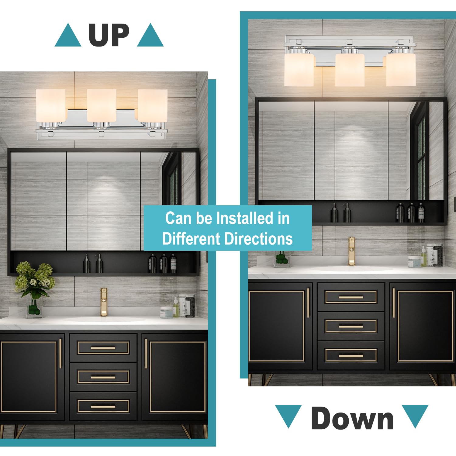 BrkNit 3-Light Chrome Bathroom Vanity Light Fixture Over Mirror with Milky White Glass Shades, E26 Socket - Model J0057-1