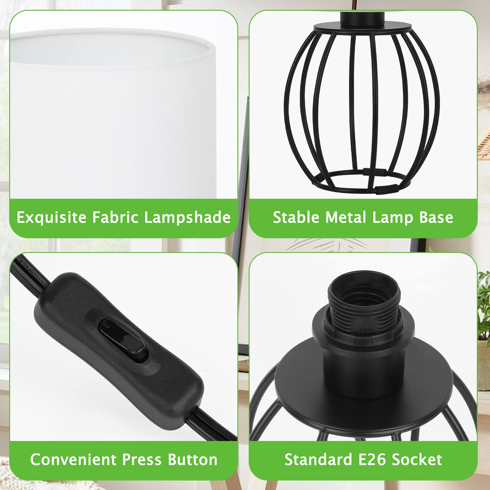 Brightever Set of 2 Table Lamps for Bedroom, Modern Bedside Nightstand Lamps with White Fabric Shade and Black Metal Base, Small