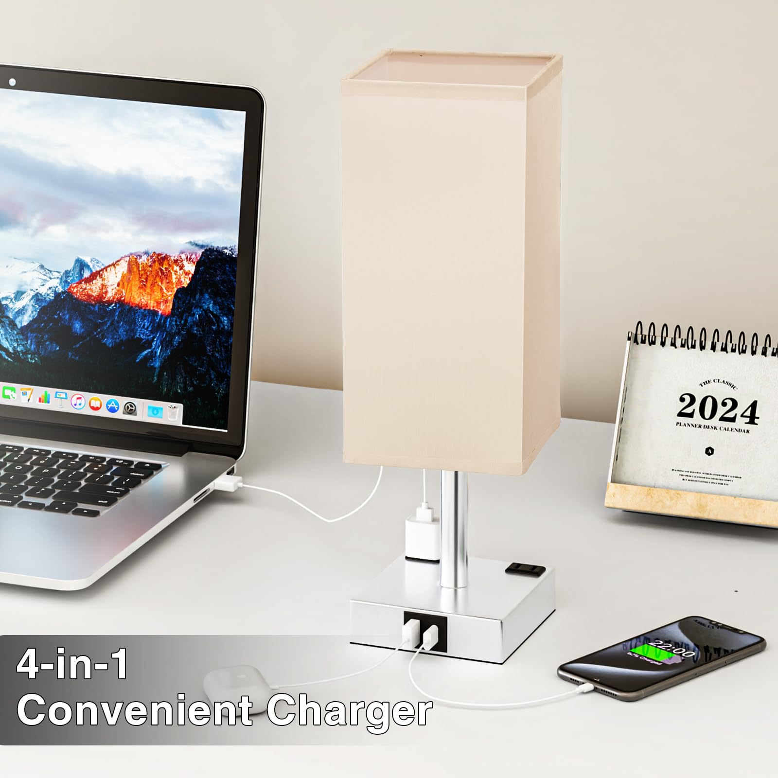 Aooshine Touch Bedside Table Lamp - 3-Way Dimmable, USB A & Type C Ports, AC Outlets, 14in, Blanched Almond & Silver, Model