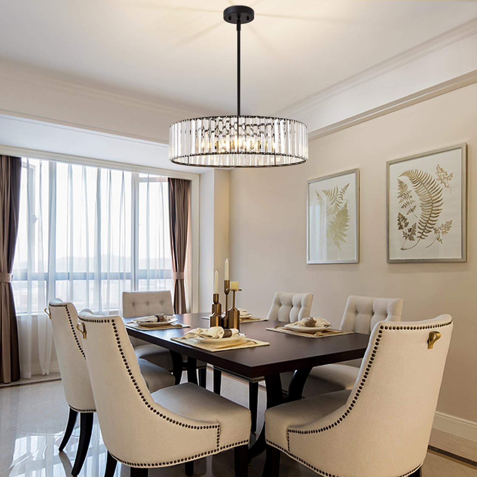 Yurnyq Black Crystal Chandelier For Dining Room, 6-Light Modern Semi Flush Mount Chandelier Lighting Fixtures, Round Kitchen Han
