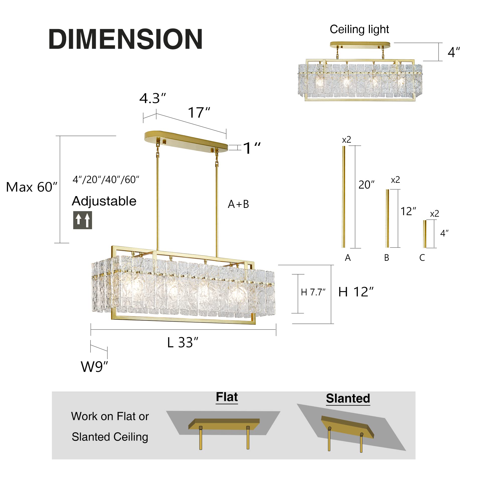 Modern Gold Rectangle Chandeliers For Dining Room, Crystal Water Ripple Light Fixture, Elegant Farmhouse Linear Lighting For Kit