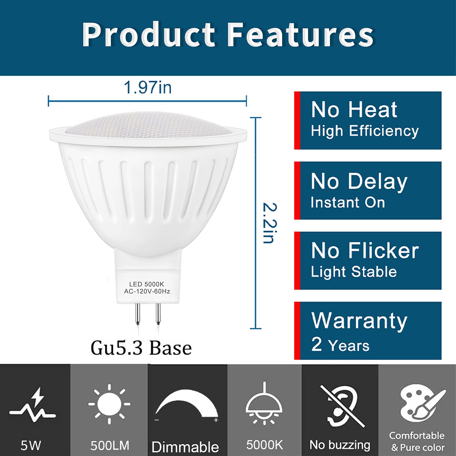 Mr16 Led Bulbs With Gu5.3 Base, 50W Halogen Bulbs Equivalent, 5000K Daylight White 5W 500Lm, 120Volts Dimmable Flood Light For L