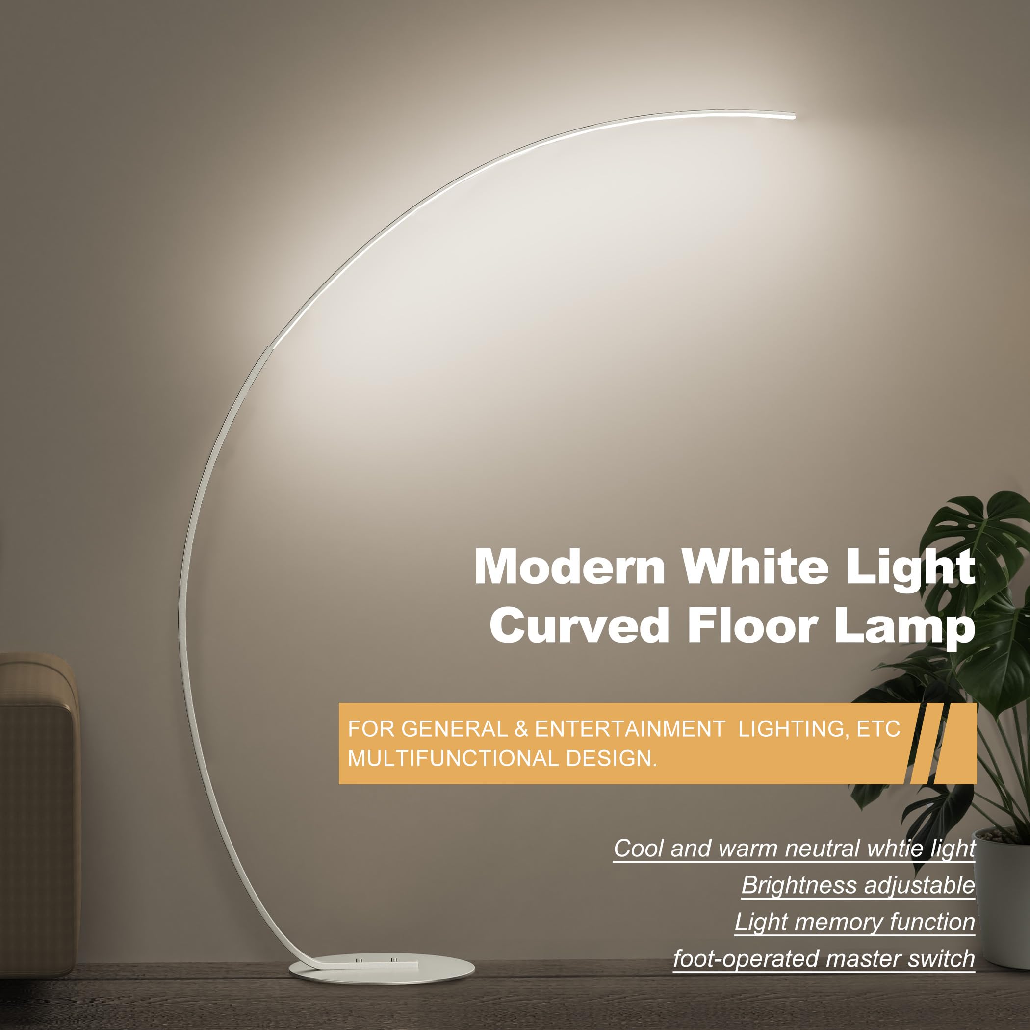 Modern Silver Floor Lamp, 69.99 Inch Arched Standing Floor Lamp For Reading, Silver Led Floor Lamp With Dimmable Adjustable Colo