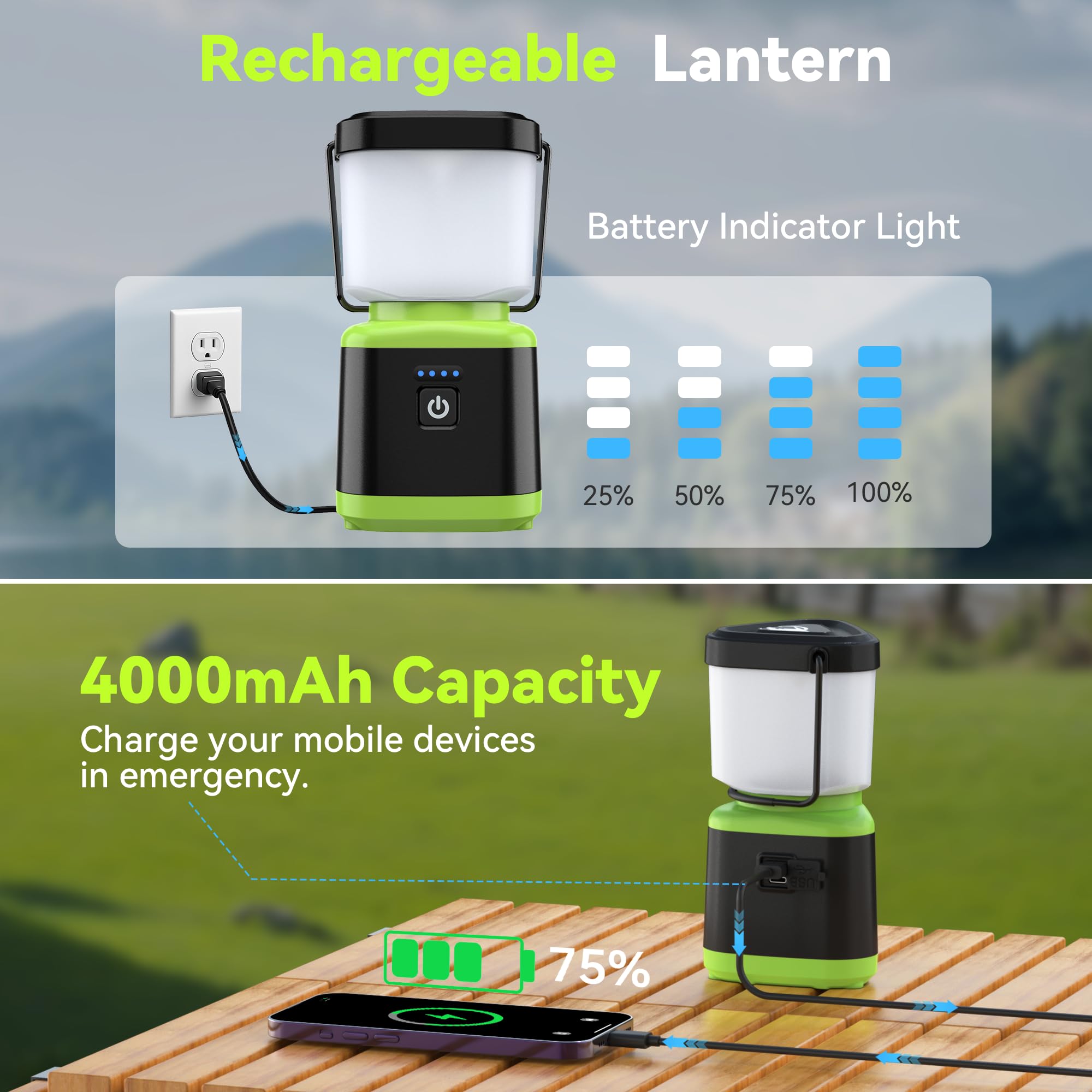 AlpsWolf Rechargeable Camping Lantern, 4 Modes, IPX4 Waterproof, Green, 2 Pack, Model V220, ABS Material