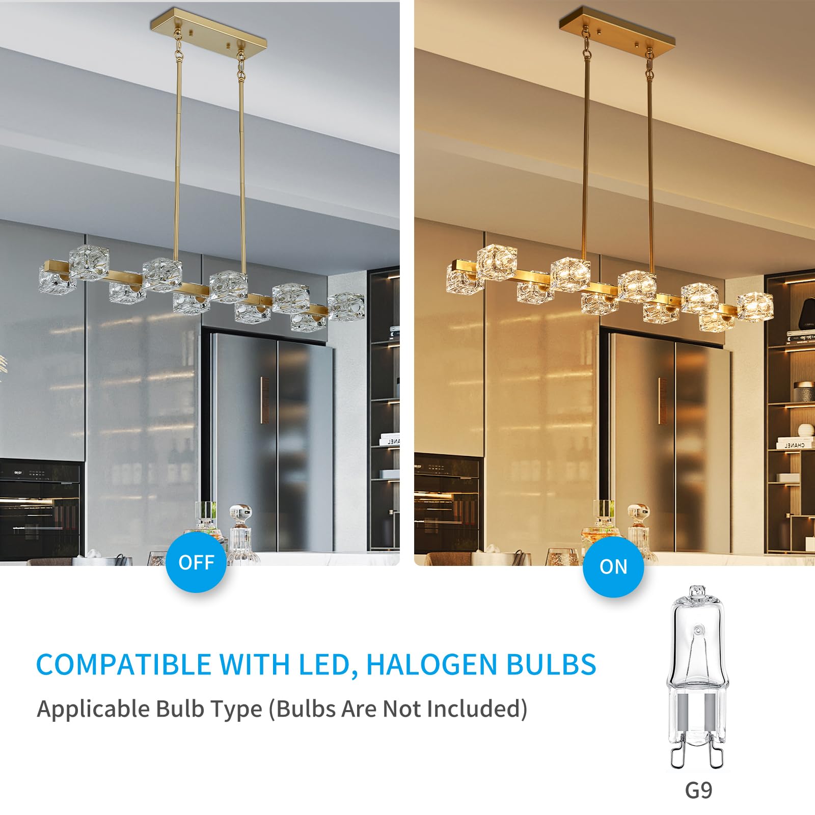 Xingqi 10-Light Gold Sputnik Chandelier Rectangular Dining Room Light Fixture Kitchen Island Pendant Metal Industrial Farmhouse