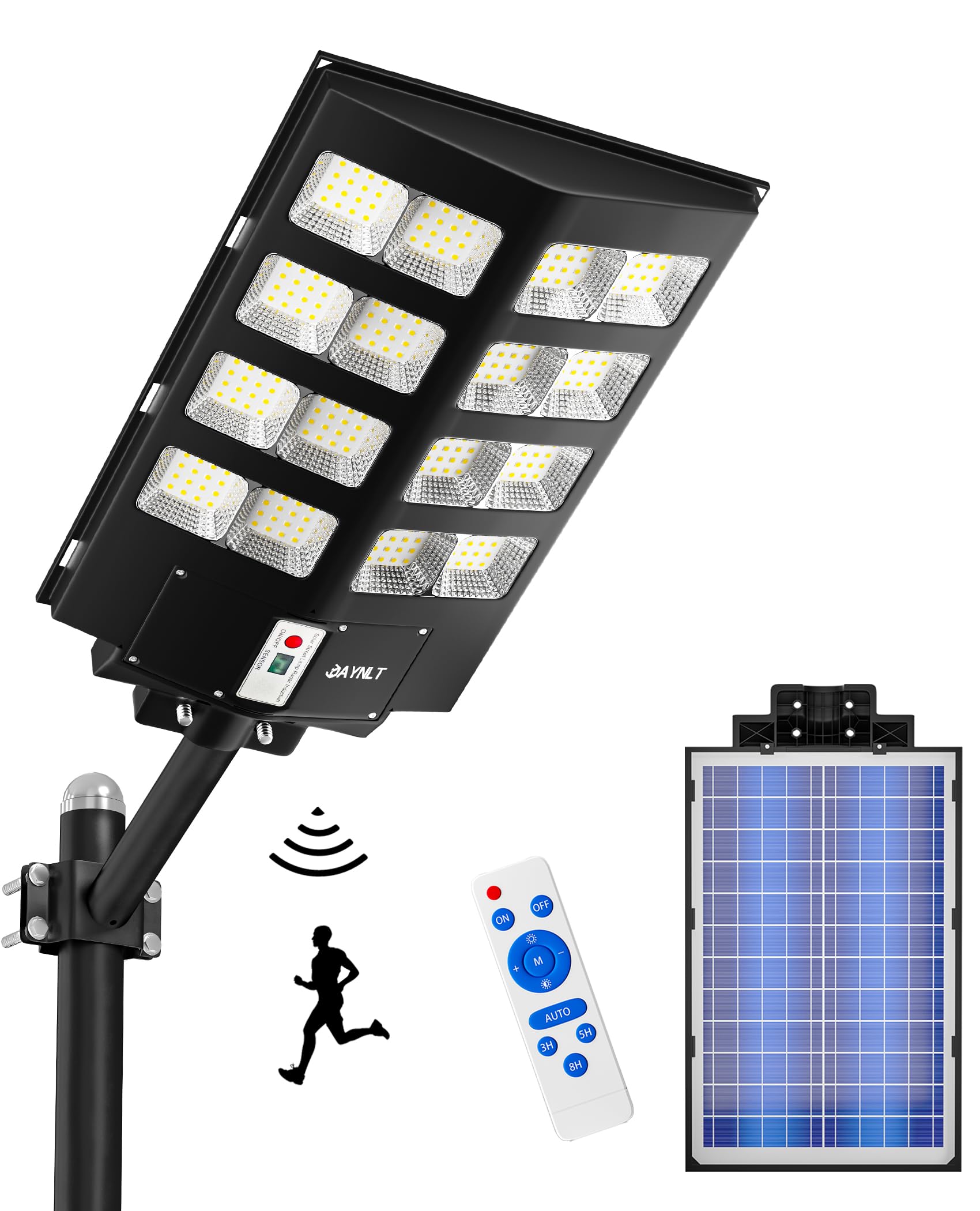 JAYNLT Y-3000W Solar Street Lights, 300000LM, 6500K, Waterproof, Motion Sensor, Remote, 1Pack, Black