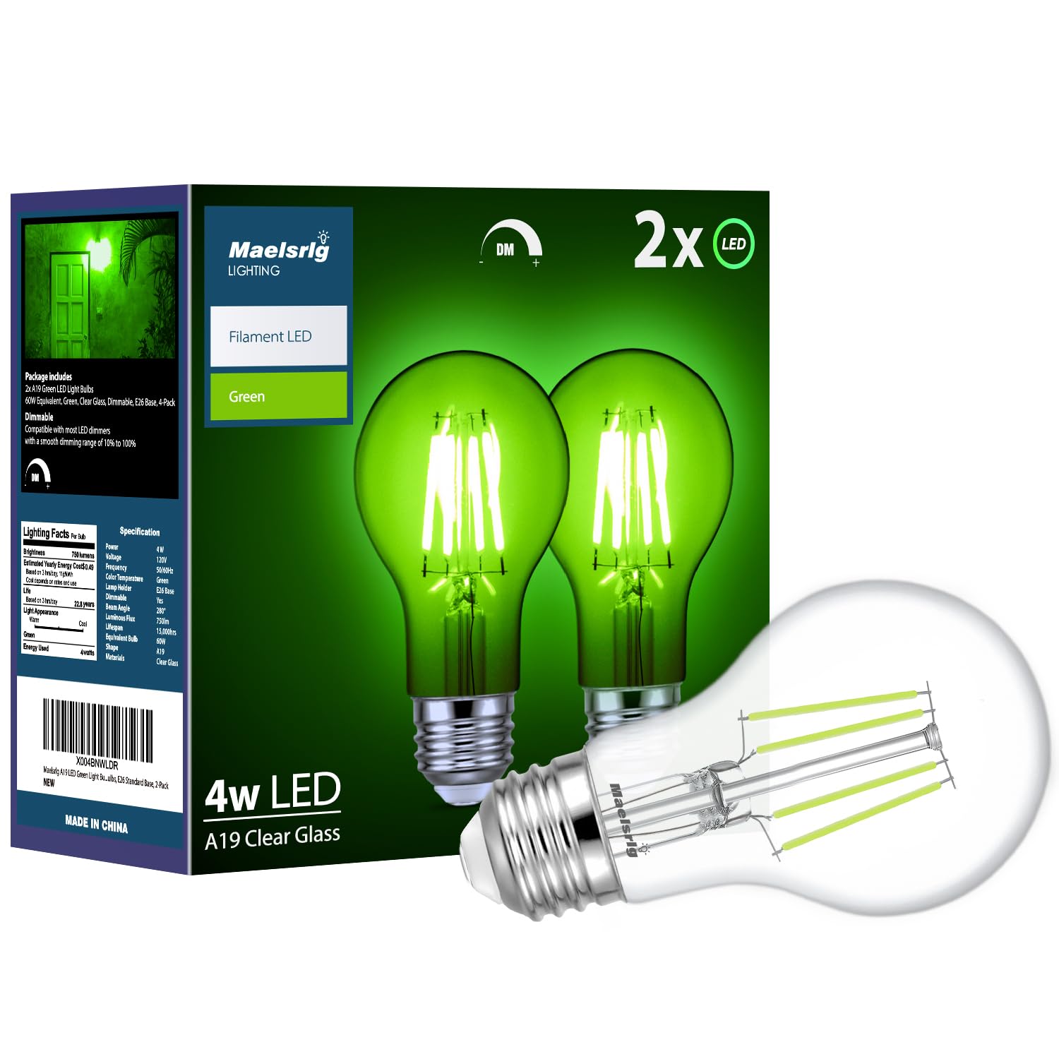 Maelsrlg Green Light Bulb, 4 Watts, A19 Colored Led Filament Bulbs, Clear Glass, 120 Volts, Dimmable, E26 Base, 2-Pack