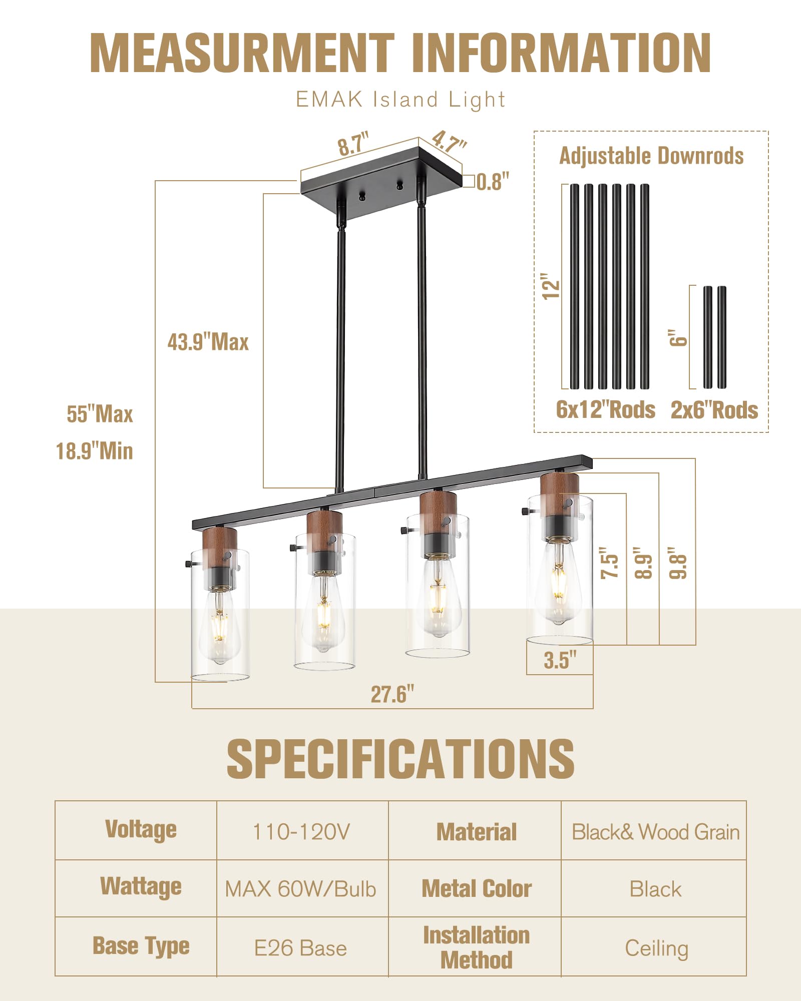 Emak 4-Light Kitchen Island Lighting, Black Dining Room Light Fixture With Clear Glass Shade, Wood Grain Painted, Modern Farmhou
