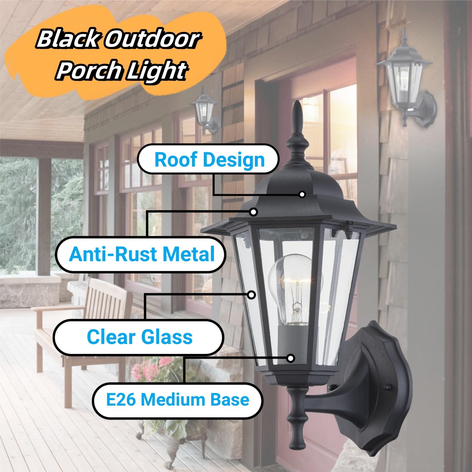 WISBEAM Outdoor Wall Light Sconce - 2 Pack, Black, Metal & Glass, E26 Base, Wet Location Rated, Model WL003-BK