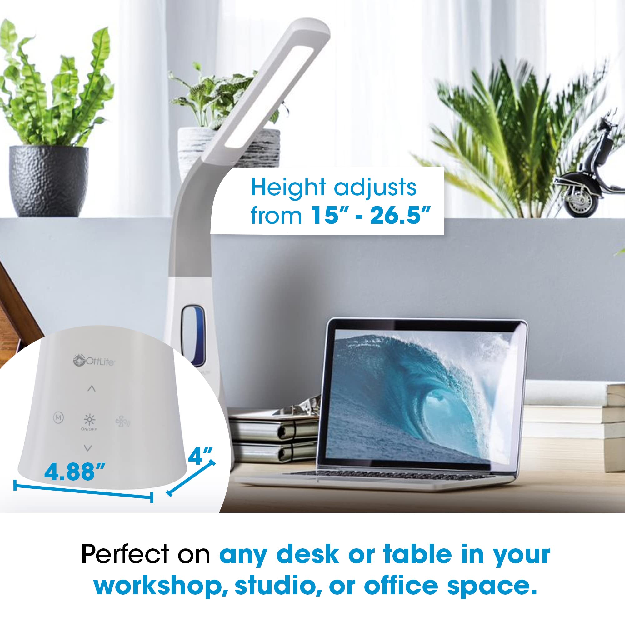 OttLite Cool Breeze LED Lamp - Bladeless Fan, 3 Speeds, 5 Brightness Settings, White, Medium, Model F26WG9-SHPR
