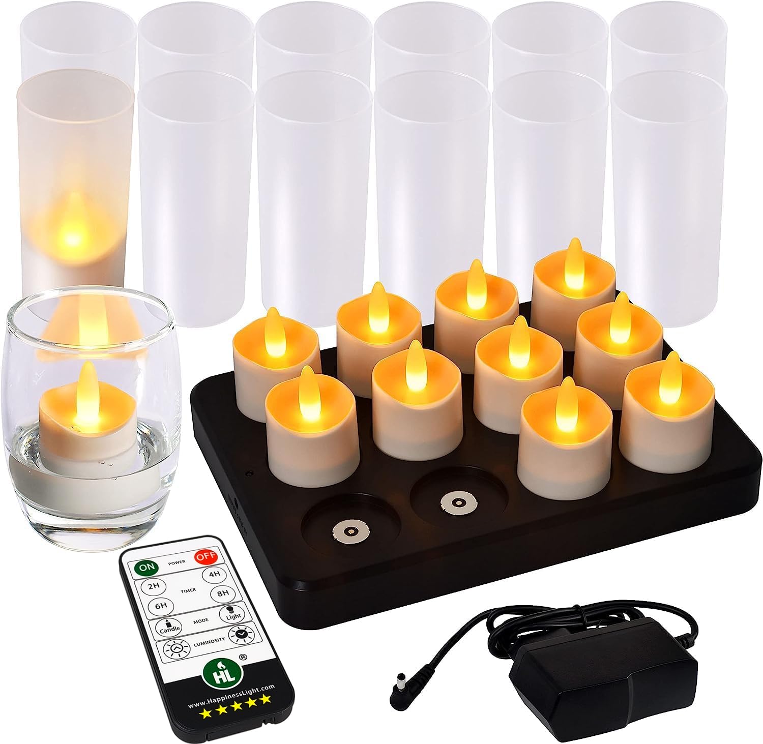 HL Flameless Candles with Remote Timer  100+Hours Rechargeable Waterproof Battery Operated Tea Lights with Charging Base  Yellow LED Votive Floating Candles for Festival Wedding Home Party Decor-12pc