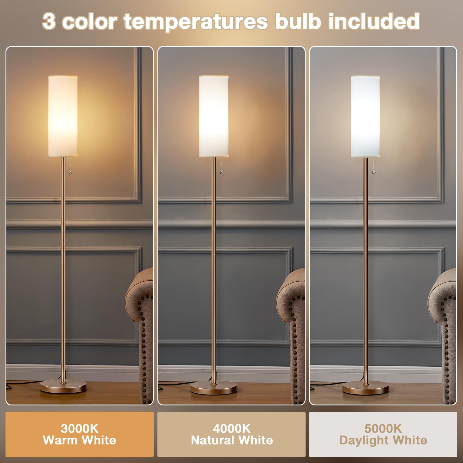 Ambimall 64" Floor Lamp with Linen Shade, 3 Color Temperatures, Metal, White & Brown - Minimalist Standing Lamp for Bedroom, Model RPT-ZGB20212