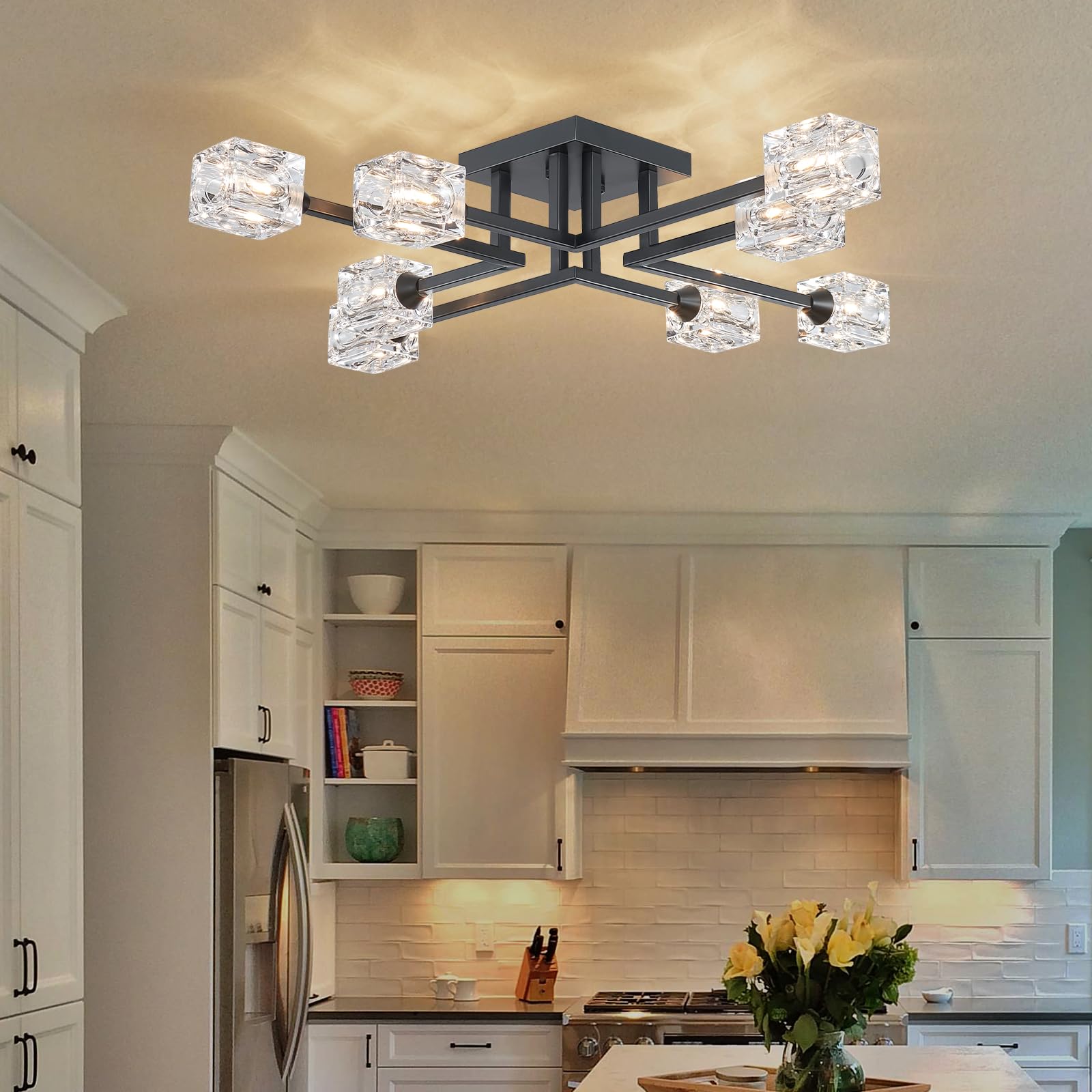Peskoe Black Industrial Ceiling Light Fixtures, 8-Light Vintage Farmhouse Sputnik Chandeliers For Dining Room, Living Room, Kitc