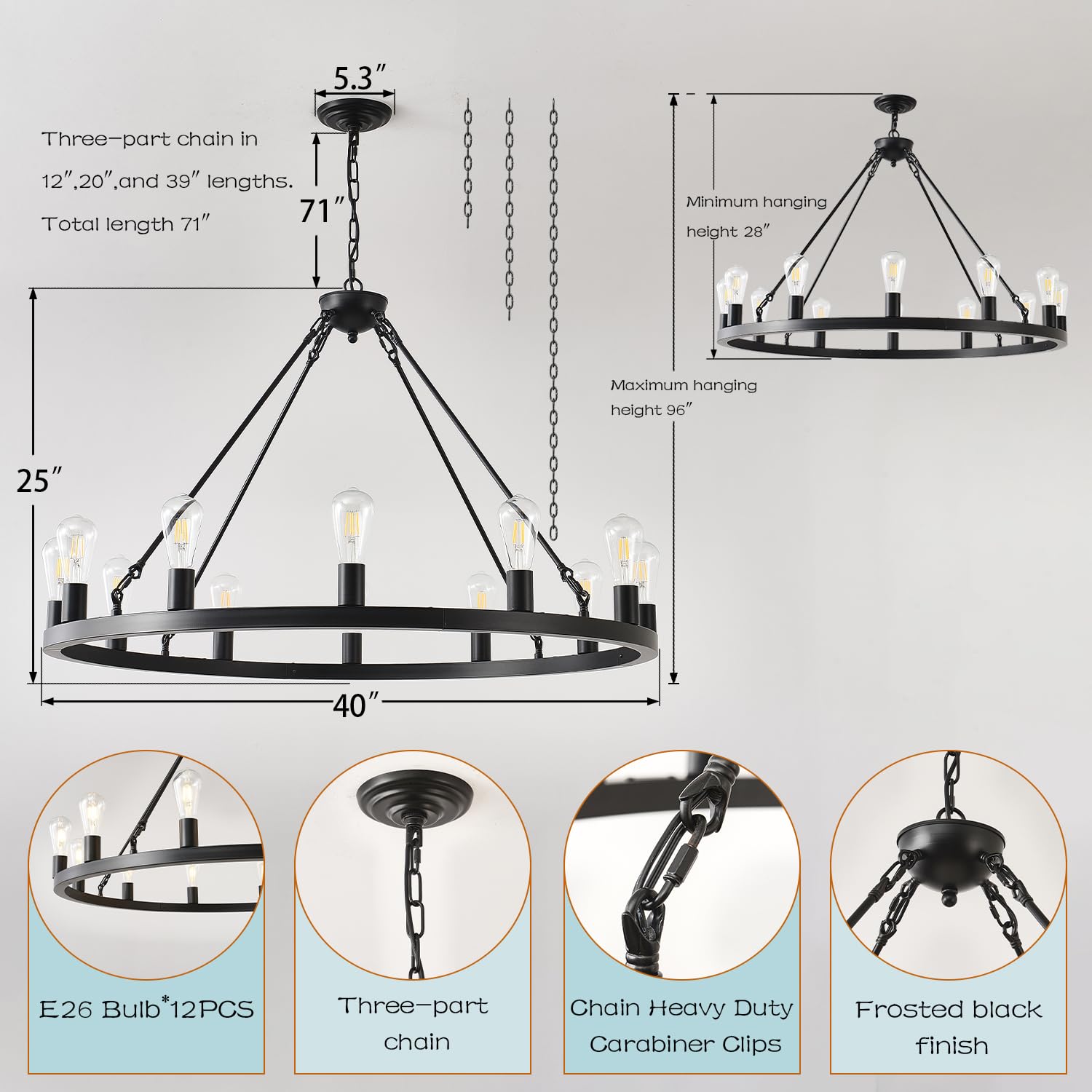 Zbmyrbzj 40    Farmhouse Wagon Wheel Chandelier,Black Rustic Chandelier 12-Lights Round Dining Room Light With Adjustable Height