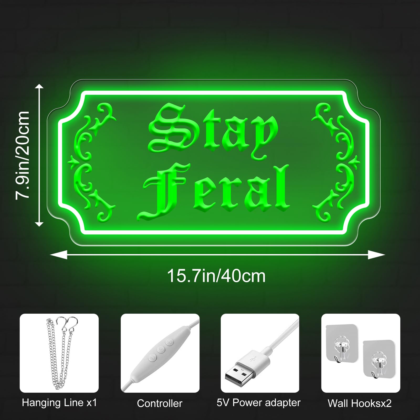 Stay Feral Neon Sign Gothic Decor Led Light Goth Lover Gift Halloween Decoration Bat Neon Sign Decor Ghost Spooky Wall Art  15.7X7.9  Green