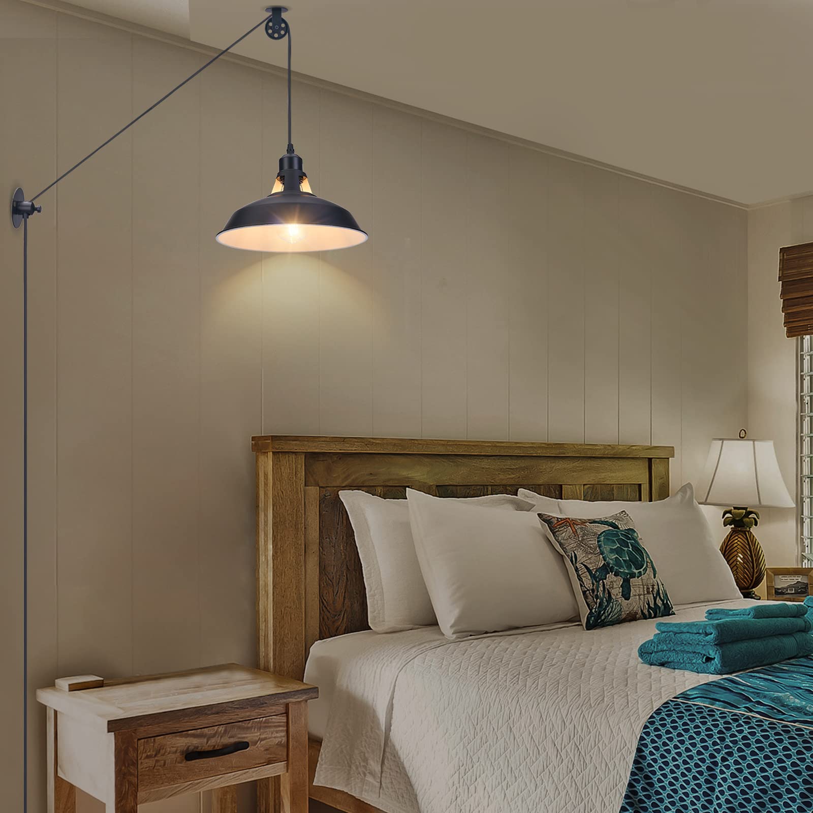 Lomoky Plug-in Pendant Light, Black Barn Hanging Lamp, 2 Pack, 14.76ft Cord, Adjustable Pulley, Iron for Kitchen/Bedroom/Restaurant