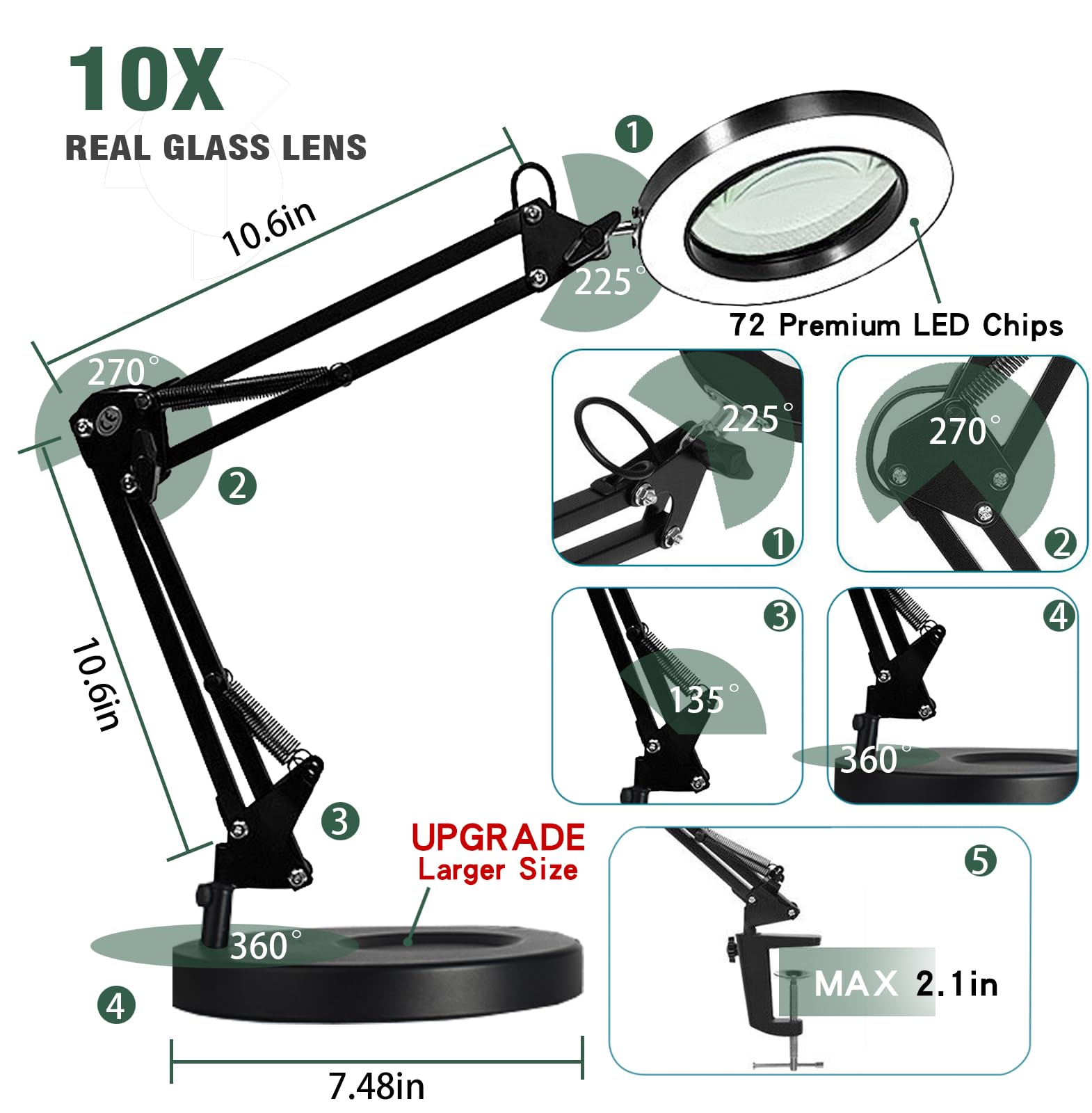 Nerefou 10X Magnifying Lamp With Light And Stand, 2-In-1 Desk Lamp With Clamp, 3 Color Modes, Close Work Magnifying Glasses (1St Generation Base & Clamp)