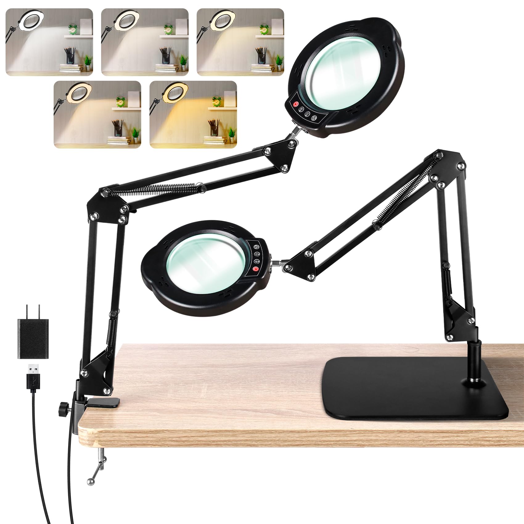Jaenmsa 10X Magnifying Glass With Light And Stand, Led Desk Lamp With Base And Clamp, 5 Color Mode, 10 Dimmable Levels, Hands Fr