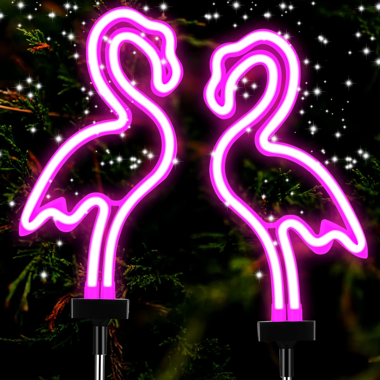 Flamingo Solar Lights Outdoor Neon Light Yard Pink Flamingo Waterproof Decorations for Garden Patio Yard Pathway Decoration(2 Pa