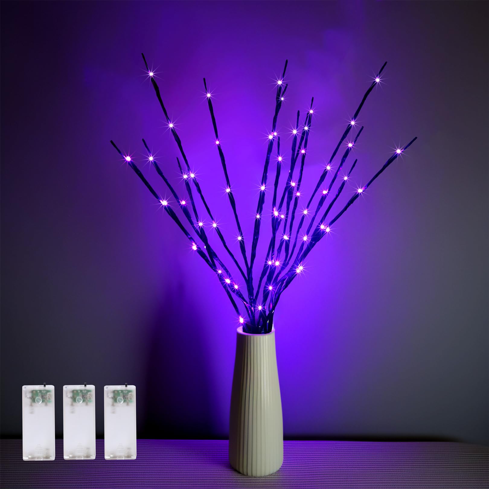 3PCS 60 LED Lighted Branches Lights with Timer, Battery Operated, 30 INCH Artificial Willow Branches with Fairy Lights Vase Deco
