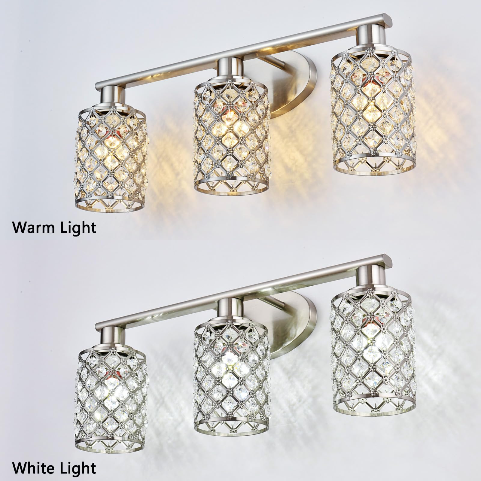 3 Light Bathroom Light Fixtures, Modern Farmhouse Vanity Light,Brushed Nickel Bathroom Lights Over Mirror,Crystal Vanity Lighting Fixtures For Bathroom,Powder Room