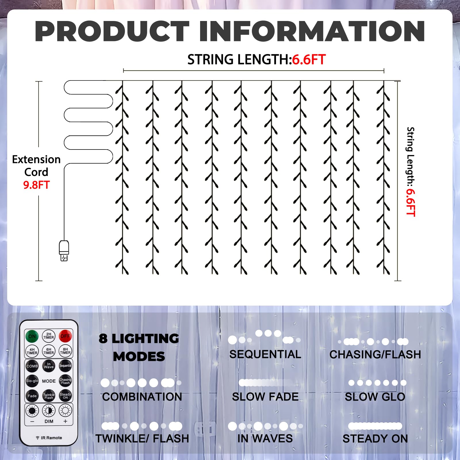 Sinamer Curtain Light For Bedroom, 200Led 6.6X6.6Ft White Window Wall Hanging Fairy Curtain String Light, 8 Modes Remote Fairy String Lights Indoor For Wedding Party Home Garden Decorations